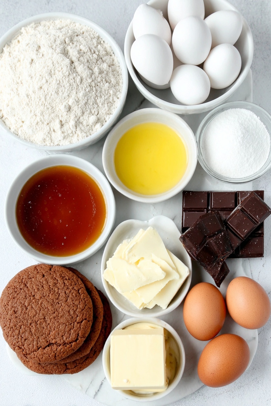 Flat lay of a small white ceramic bowl filled with smooth golden caramel, two whole uncracked brown eggs, a small white ceramic bowl with pale cooking cream, a few chunks of glossy dark chocolate, a small mound of fine white royal icing, a small white ceramic bowl of bright yellow fresh lemon juice, a neat pile of light and dark brown soft brown sugar, a small puddle of shiny golden syrup, a few thick cubes of creamy butter, two simple discs of brown gingerbread dough dusted lightly with flour, a heap of plain flour, a heap of self-raising flour, a scattering of warm brown ground ginger, a small pile of mixed spice, a tiny heap of dark ground cloves, and a pinch of pale bicarbonate of soda—all ingredients arranged in perfect symmetry on a simple white ceramic platter placed on a clean white marble surface, soft natural light, photo taken with an iPhone, professional food photography style, fresh ingredients, white ceramic bowls, no bottles, no duplicates, no utensils, no packaging --ar 2:3 --v 7 --p m7354615311229779997 - Chocolate Caramel Gingerbread Pie, gingerbread pie with chocolate and caramel, festive gingerbread dessert, holiday gingerbread tart, easy gingerbread pie recipe