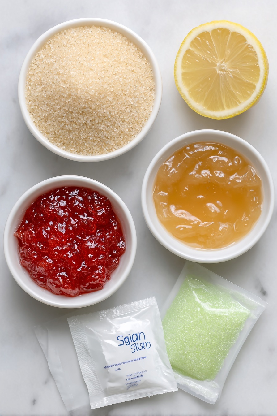Flat lay of a heaping mound of granulated sugar in a small simple white ceramic bowl, a small white ceramic bowl filled with smooth, golden applesauce, vibrant red cherry Jell-O powder spilling slightly beside a small pile of bright green lime Jell-O powder, two unopened envelopes of translucent unflavored gelatin sheets stacked neatly, a fresh lemon wedge with visible juice droplets resting beside a small white ceramic bowl containing freshly squeezed lemon juice, all arranged in perfect symmetry and realistic proportions on a clean white marble surface, soft natural light, photo taken with an iPhone, professional food photography style, fresh ingredients, white ceramic bowls, no bottles, no duplicates, no utensils, no packaging --ar 2:3 --v 7 --p m7354615311229779997 - Homemade Gelatin Gumdrops, easy homemade candy, chewy fruit gums, DIY gelatin candies, natural gummy treats