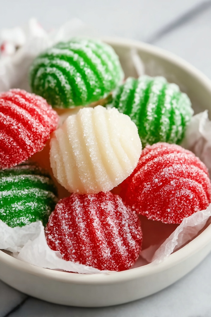 The image shows six round candies arranged in a white bowl lined with white parchment paper. There are three red candies, two green candies, and one white candy in the center. Each candy has a ridged texture with visible sugar crystals covering their surfaces, making them look grainy and sparkly. The candies are neatly placed close to each other on a white marbled surface. Photo taken with an iphone --ar 2:3 --v 7 - No-Bake Christmas Peppermint Mints, festive holiday candies, easy peppermint mints, homemade Christmas treats, no-bake peppermint candies