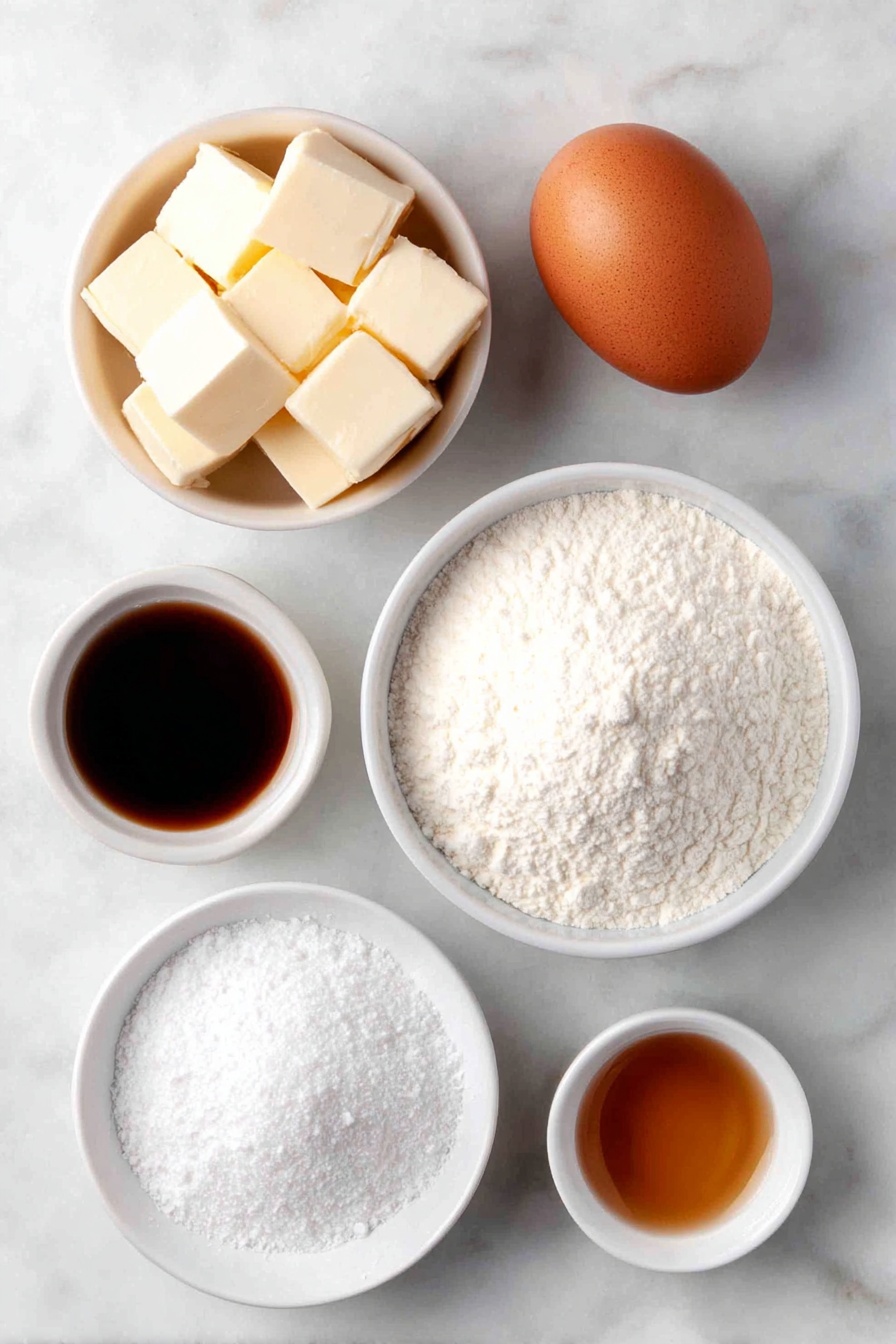 Flat lay of a small pile of pale yellow unsalted butter cubes, a small white ceramic bowl filled with fine white granulated sugar, one large whole brown egg with a clean shell, a small white ceramic bowl holding translucent golden vanilla extract, a neat mound of fine white all-purpose flour, a tiny white ceramic bowl with white baking powder powder, and a tiny white ceramic bowl containing fine white salt crystals, all ingredients arranged in perfect symmetry on a clean white marble surface, soft natural light, photo taken with an iPhone, professional food photography style, fresh ingredients, white ceramic bowls, no bottles, no duplicates, no utensils, no packaging --ar 2:3 --v 7 --p m7354615311229779997 - Vanilla Sugar Cookies, classic sugar cookie recipe, easy vanilla cookies, soft sugar cookies with vanilla, homemade vanilla cookies