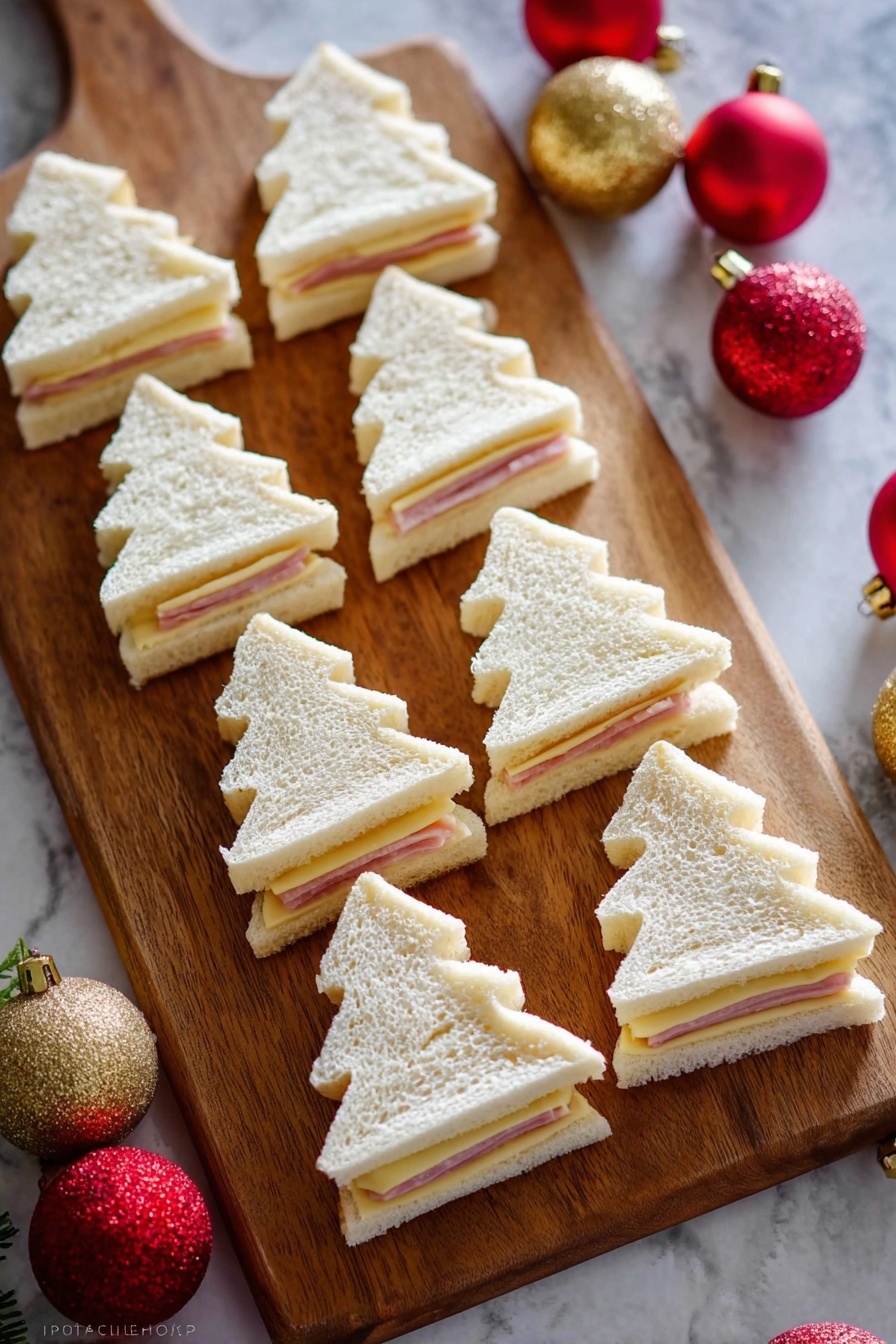 The image shows several small sandwiches shaped like Christmas trees placed on a wooden surface with a white marbled background. Each sandwich has three layers of soft white bread with thin layers of ham and cheese in between. The sandwiches are neatly cut using a metal Christmas tree-shaped cookie cutter, with one sandwich standing upright inside the cutter in the center of the image, while the others lie flat around it. The sandwich layers are clearly visible, showing the pink ham and yellow cheese contrasting with the white bread. The sandwiches have a soft, fluffy texture and some are stacked closely together. Photo taken with an iphone --ar 2:3 --v 7 - Christmas Tree Sandwiches, holiday sandwiches, festive snack ideas, kids' party snacks, Christmas appetizer recipes