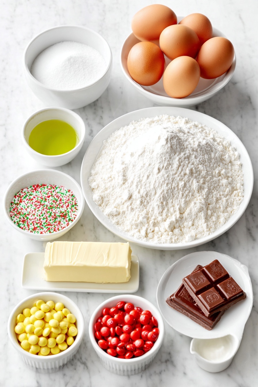 Flat lay of a small mound of all-purpose flour, a small pile of granulated sugar, three large uncracked brown eggs, a small white bowl of vegetable oil, a small white bowl of buttermilk, a small white bowl with red, green, and white holiday sprinkles, a stick of salted butter, a small white bowl of powdered sugar, a small white bowl of milk, a small white bowl of vanilla extract, a few drops of green gel food coloring on a white ceramic plate, a few drops of blue gel food coloring on a white ceramic plate, five brown mini candy-coated chocolates, a small handful of yellow mini candy-coated chocolates, a small handful of red mini candy-coated chocolates, and a piece of red sour candy belt, all placed on a clean white marble surface, soft natural light, photo taken with an iPhone, professional food photography style, fresh ingredients, white ceramic bowls, no bottles, no duplicates, no utensils, no packaging --ar 2:3 --v 7 --p m7354615311229779997 - Festive Christmas Sheet Cake with Green Frosting, Christmas holiday cake, colorful holiday dessert, easy Christmas sheet cake, green frosting cake