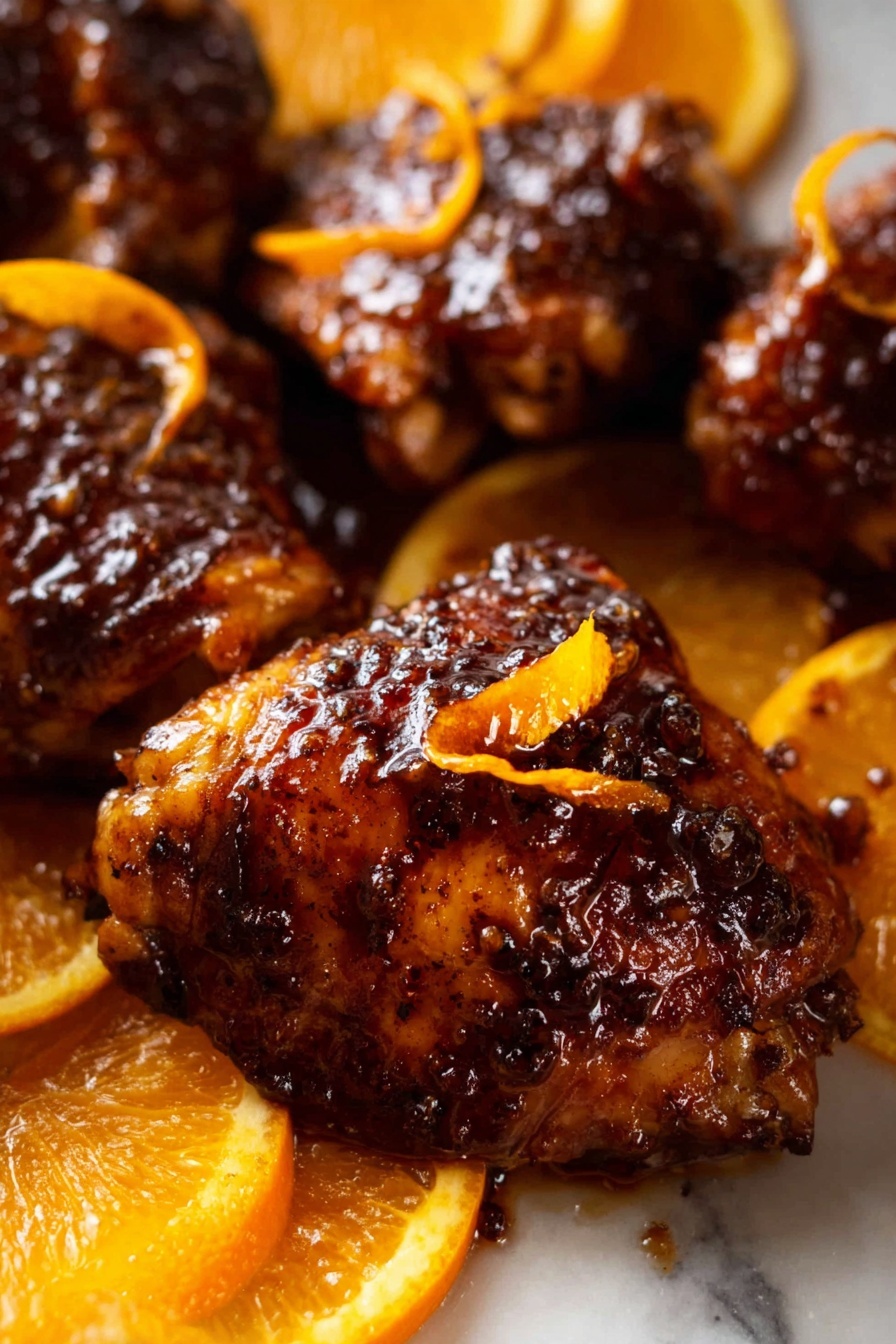 The image shows several pieces of dark brown glazed chicken thighs with a shiny, sticky sauce on their surface. Each piece has a rich, crispy texture with some blackened spots. Thin orange peel curls rest on top of some chicken pieces, adding a bright contrast. Around the chicken pieces, there are fresh orange slices with a vibrant orange color and juicy texture. The dish is set against a white marbled texture background. photo taken with an iphone --ar 2:3 --v 7 - Sticky Orange Glazed Chicken Thighs, orange glazed chicken recipe, sweet and savory chicken thighs, easy chicken glaze recipe, flavorful chicken dinner