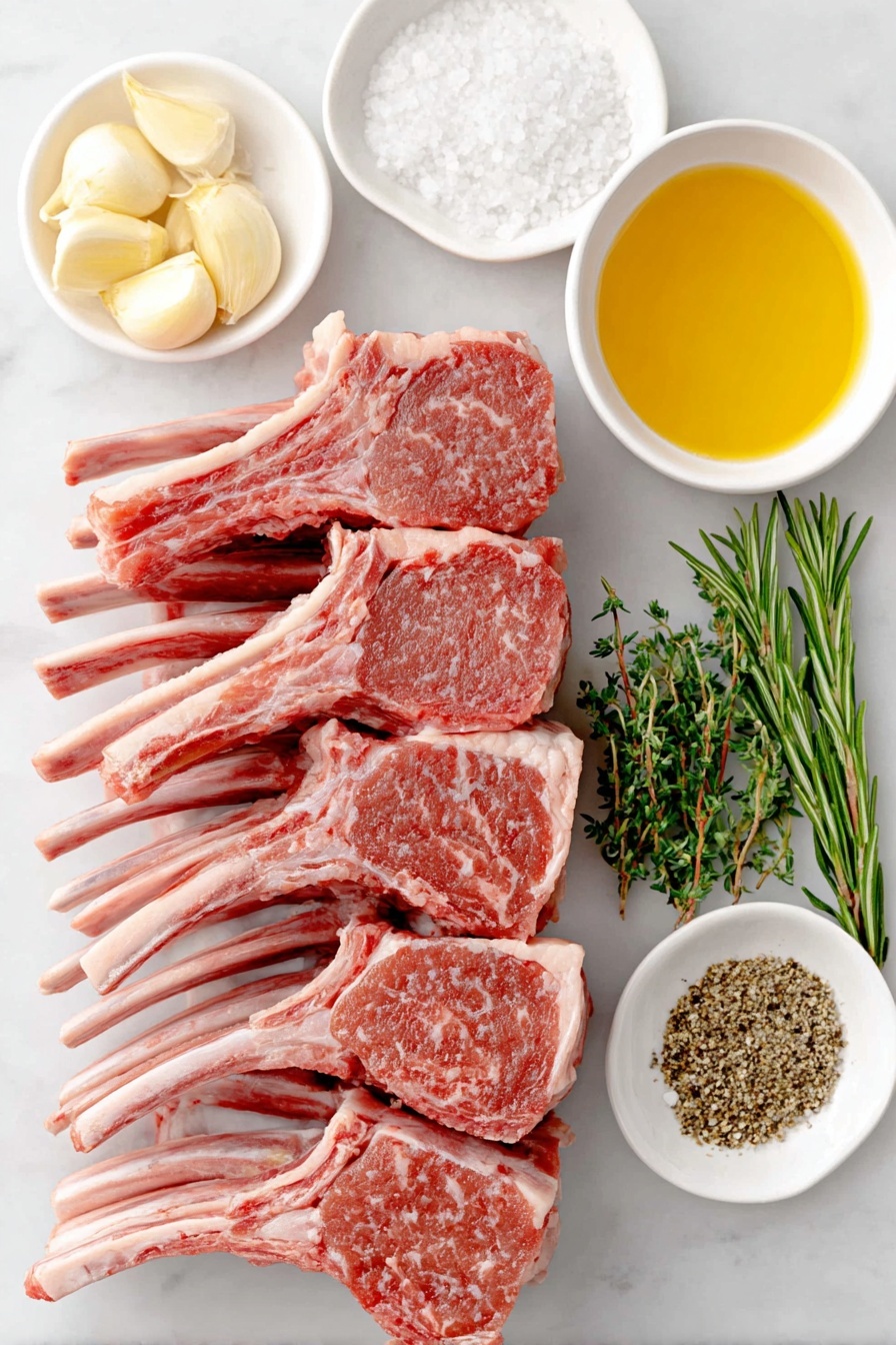Flat lay of a fresh raw rack of lamb with eight individual lamb chops separated, a small white ceramic bowl of golden extra-virgin olive oil, three whole peeled garlic cloves, a few sprigs of fresh green rosemary, a small white bowl containing coarse kosher salt crystals, and another small white bowl with freshly ground black pepper, all arranged in perfect symmetry and balanced proportions, placed on a clean white marble surface, soft natural light, photo taken with an iPhone, professional food photography style, fresh ingredients, white ceramic bowls, no bottles, no duplicates, no utensils, no packaging --ar 2:3 --v 7 --p m7354615311229779997 - Garlic Rosemary Grilled Lamb Chops, Grilled Lamb Chops with Herbs, Easy Lamb Chops Recipe, Herb-Infused Lamb, Quick Lamb Marinade