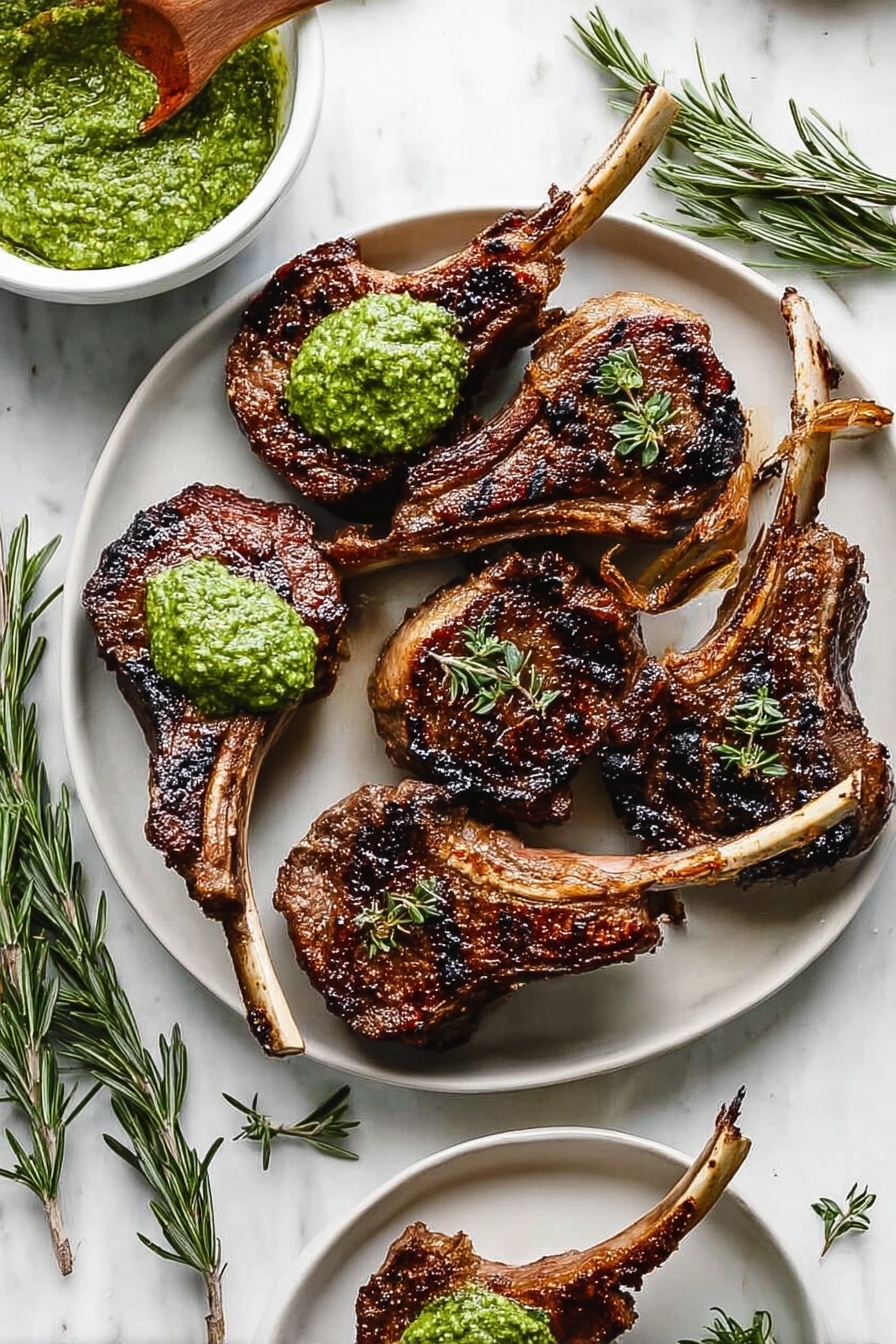 A white plate holds six grilled lamb chops with dark brown, slightly charred edges and juicy interior. Each chop shows a long bone handle, and some have small bright green herb sprigs on top. Two chops are topped with a thick dollop of bright green sauce with a rough, textured look. Around the main plate, a smaller white plate has a single chop with the same green sauce on it. To the left, a small white bowl holds more of the same sauce with a wooden spoon resting inside. The background is a white marbled texture with sprigs of fresh rosemary scattered around. photo taken with an iphone --ar 2:3 --v 7 - Garlic Rosemary Grilled Lamb Chops, Grilled Lamb Chops with Herbs, Easy Lamb Chops Recipe, Herb-Infused Lamb, Quick Lamb Marinade