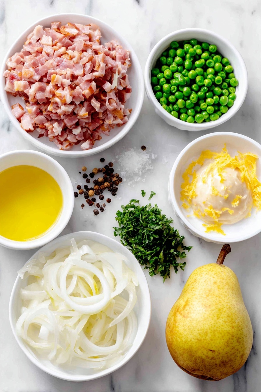Flat lay of a small mound of diced pancetta, three halved and thinly sliced shallots arranged neatly, a small white ceramic bowl of bright green frozen peas, a fresh whole pear with smooth light yellow skin, a small white bowl of pale yellow lemon juice next to a few lemon zest curls, a small pile of roughly chopped vibrant green parsley, a few whole peppercorns scattered nearby, and a small white bowl of creamy Dijon mustard, all placed on a clean white marble surface, soft natural light, photo taken with an iPhone, professional food photography style, fresh ingredients, white ceramic bowls, no bottles, no duplicates, no utensils, no packaging --ar 2:3 --v 7 --p m7354615311229779997 - Pear and Pancetta Thanksgiving Peas, Thanksgiving side dishes with pear and pancetta, easy holiday vegetable recipes, flavorful green bean sides, festive Thanksgiving vegetable recipes