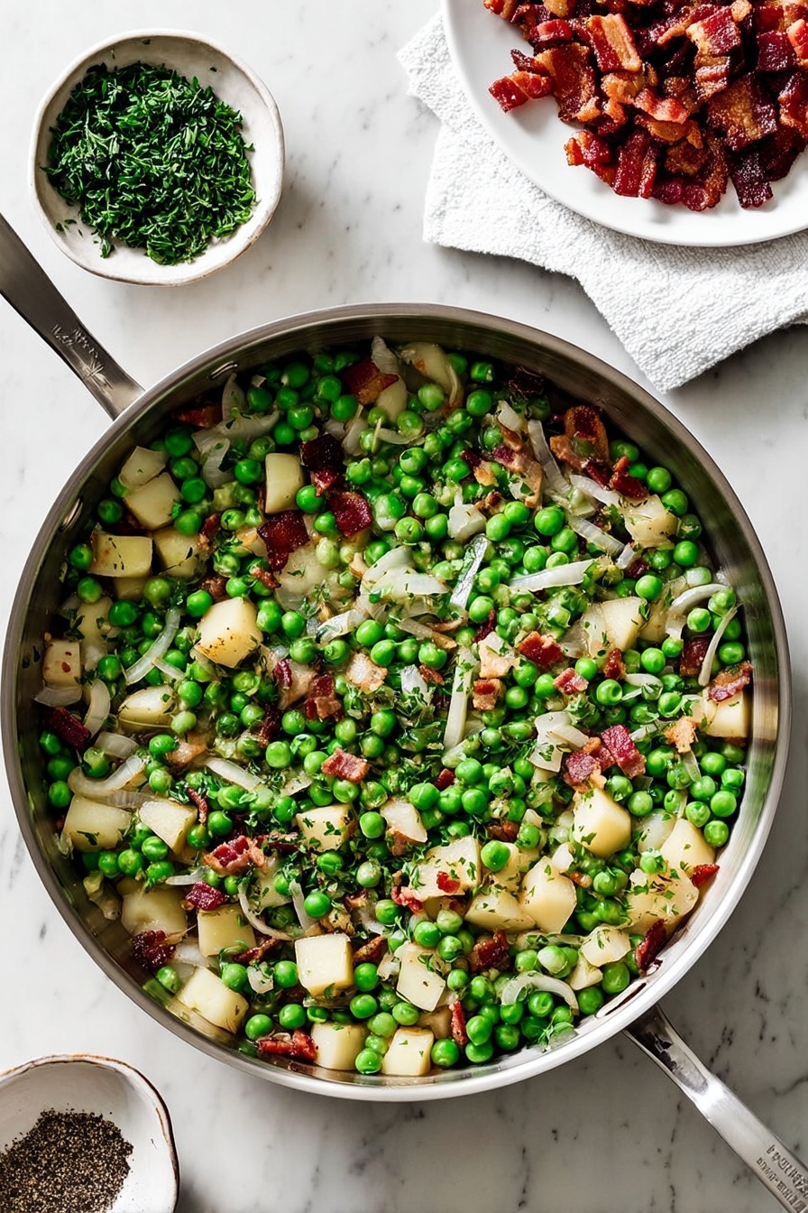 A metal pan filled with a colorful mix of bright green peas, small cubes of light beige potatoes, and thin pale strips of onions, all mixed with small pieces of browned bacon and chopped fresh dark green herbs. The pan is placed on a white marbled surface. To the top right, a white plate holds extra browned bacon pieces on a paper towel. At the bottom left, two small white dishes contain coarsely ground black pepper and more chopped fresh herbs. The scene is well-lit and shows texture clearly, photo taken with an iphone --ar 2:3 --v 7 - Pear and Pancetta Thanksgiving Peas, Thanksgiving side dishes with pear and pancetta, easy holiday vegetable recipes, flavorful green bean sides, festive Thanksgiving vegetable recipes