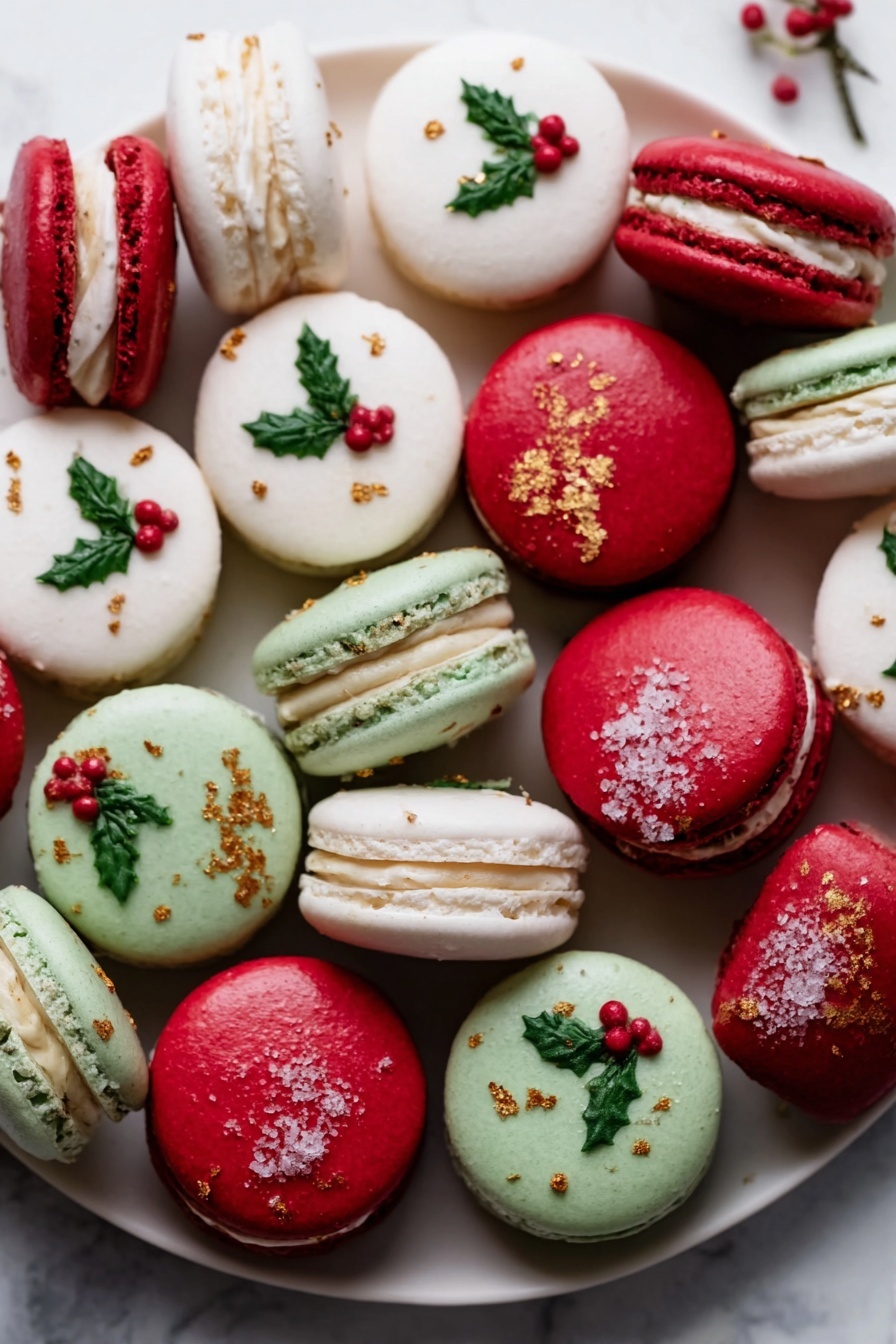 The image shows a white plate filled with colorful macarons arranged closely together on a white marbled surface. The macarons have three main colors: white with small green holly leaves and red berries on top, smooth red with a few sprinkled crumbs, and pale green with a rougher texture and some gold flakes. Some macarons are facing flat, displaying their round tops, while others show the side, revealing two smooth cookie layers sandwiching creamy filling. The overall look is festive, bright, and textured, with a mix of smooth and slightly rough surfaces. photo taken with an iphone --ar 2:3 --v 7 - Holiday Christmas Macarons, Christmas macarons recipe, festive macarons, holiday dessert ideas, colorful holiday treats