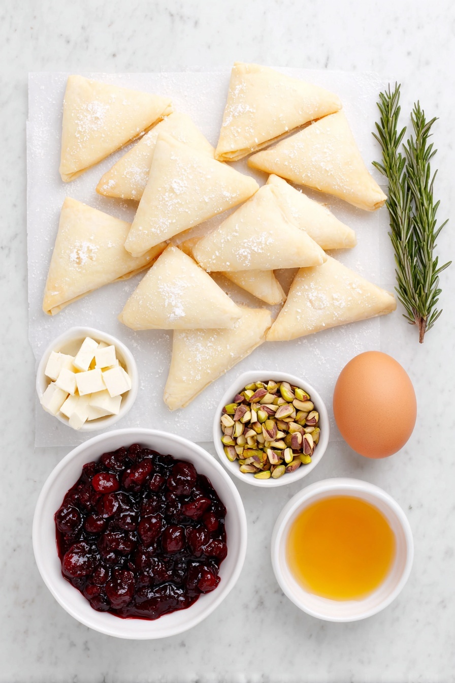 Flat lay of fresh crescent dough triangles arranged neatly, chunks of creamy brie cheese with white rind, a small white ceramic bowl filled with vibrant red cranberry sauce, a handful of shelled green pistachios, two fresh rosemary sprigs with needle-like leaves, one whole uncracked brown egg, a small white bowl with golden honey, and a pinch of coarse fleur de sel crystals scattered beside the bowls, all elements balanced symmetrically and placed on a clean white marble surface, soft natural light, photo taken with an iPhone, professional food photography style, fresh ingredients, white ceramic bowls, no bottles, no duplicates, no utensils, no packaging --ar 2:3 --v 7 --p m7354615311229779997 - Cranberry Brie Crescent Wreath, festive appetizer, holiday appetizer, easy holiday appetizer, cheesy cranberry appetizer