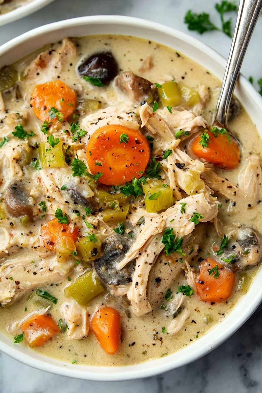 A white round bowl filled with three main layers: the bottom layer is pale, creamy mashed potatoes with a soft, slightly lumpy texture; on top is a hearty mixture of shredded light brown cooked chicken pieces, whole orange baby carrots, small dark brown mushrooms, and bits of cooked celery, all covered in a thick creamy light beige sauce with black pepper specks; arranged on one side of the bowl is a neat pile of bright green steamed green beans. A woman's hand is gently holding the bowl from the side, and a silver fork rests on the right edge of the bowl. The dish is placed on a white marbled background with small bits of fresh green parsley sprinkled around and on the food. photo taken with an iphone --ar 2:3 --v 7 - Creamy Chicken Casserole with Vegetables, creamy chicken casserole, hearty chicken and vegetable bake, comforting chicken casserole recipe, easy chicken casserole dishes