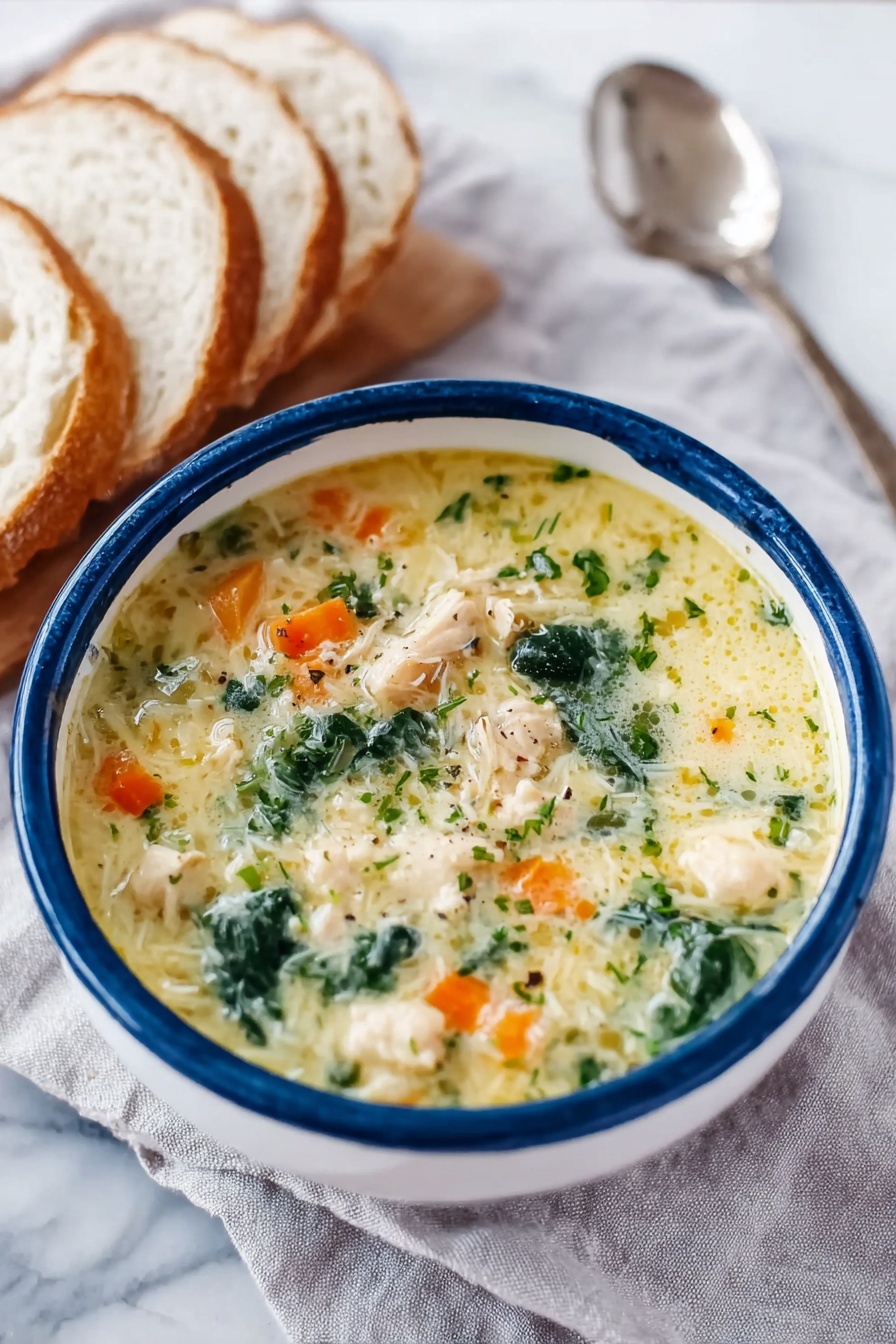 A white bowl with blue accents is filled with creamy chicken soup that has a light yellow color. The soup has small pieces of white chicken, bright orange carrot cubes, and dark green spinach leaves spread evenly throughout. There are tiny green herbs floating on top, and a slight oily shine giving it a fresh look. The bowl sits on a light gray cloth on a white marbled surface. To the left, there are three white slices of bread stacked next to the bowl, and a silver spoon lays above the bowl. Photo taken with an iphone --ar 2:3 --v 7 - Lemon Chicken Soup with Rice and Kale, healthy lemon chicken soup, comforting chicken soup recipes, easy lemon chicken soup, nourishing kale chicken soup