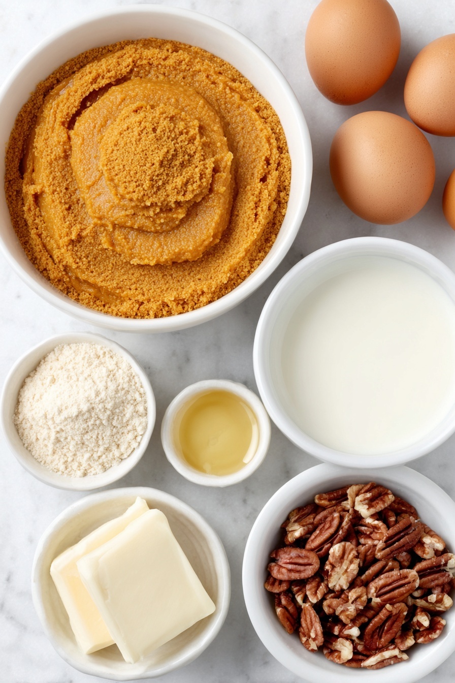 Flat lay of a small white ceramic bowl filled with bright orange pumpkin pie filling, a small white bowl of creamy evaporated milk, four whole brown eggs with clean shells, a simple white ceramic bowl holding an even layer of finely ground spice cake mix in warm beige tones, a small white bowl containing melted golden butter, and a small white bowl of roughly chopped pecans arranged neatly, all ingredients fresh and natural, placed on a clean white marble surface, soft natural light, photo taken with an iPhone, professional food photography style, fresh ingredients, white ceramic bowls, no bottles, no duplicates, no utensils, no packaging --ar 2:3 --v 7 --p m7354615311229779997 - Pumpkin Dump Cake with Pecans, easy fall dessert, pumpkin pecan cake, no bake pumpkin dessert, autumn pumpkin cake