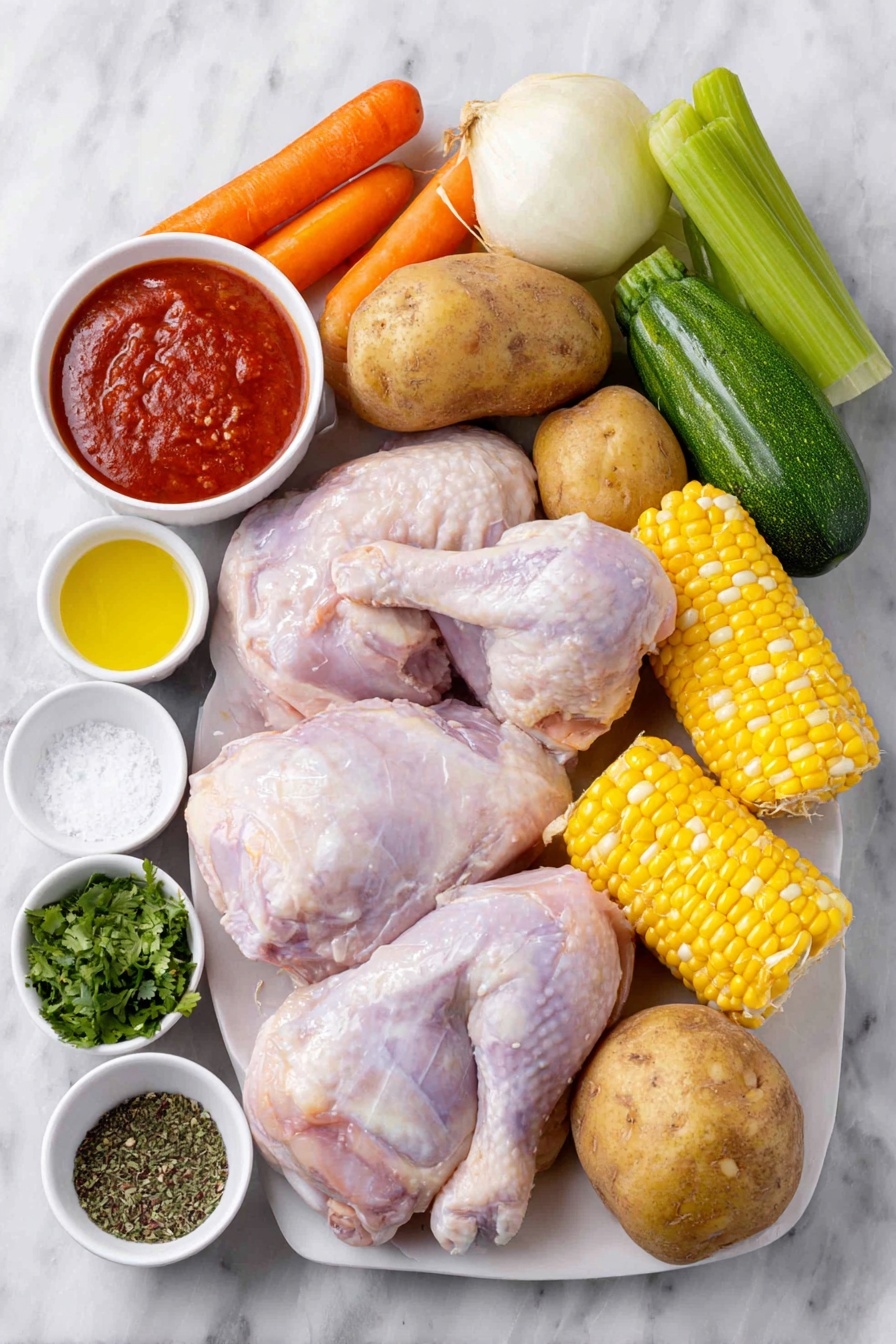 Flat lay of a small white ceramic bowl of golden olive oil, a quarter of a medium white onion roughly chopped, two bright green celery sticks chopped, four fresh large orange carrots whole, two whole uncracked garlic cloves, a small white ceramic bowl of vibrant red tomato sauce, two raw skinless boneless chicken breasts, two raw bone-in chicken legs with skin, two golden chicken bouillon cubes, a small white ceramic bowl of coarse kosher salt, a small white ceramic bowl of black peppercorns, a small white ceramic bowl of dried Mexican oregano, a small mound of freshly chopped bright green cilantro, one fresh corn on the cob sliced into five pieces showing yellow kernels, one whole chayote cut into cubes, two large russet potatoes cut into cubes with skin off, two medium zucchinis cut into cubes with rich green skin visible, a small white ceramic bowl with fresh lime juice, a small white ceramic bowl with red hot sauce, all arranged symmetrically with realistic proportions on a clean white marble surface, soft natural light, photo taken with an iPhone, professional food photography style, fresh ingredients, white ceramic bowls, no bottles, no duplicates, no utensils, no packaging --ar 2:3 --v 7 --p m7354615311229779997 - Caldo de Pollo Chicken Soup, Mexican chicken soup recipes, comforting chicken soup, homemade chicken broth soup, traditional chicken soup