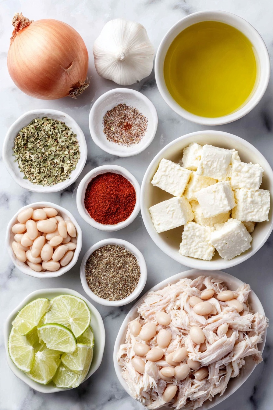 Flat lay of a small yellow onion whole with a few diced pieces nearby, two whole uncracked garlic cloves, a small white bowl of golden olive oil, a pile of shredded cooked rotisserie chicken, a small white bowl of diced green chilies, scattered dried cumin seeds beside small white bowls containing paprika, dried oregano, ground coriander, and cayenne pepper powders, a small white bowl of low-sodium chicken broth, a handful of fresh corn kernels, a small white bowl of canned cannellini beans, small cubes of fresh Neufchatel cheese on a simple white ceramic plate, a small wedge of fresh lime with a few lime wedges, and a small bunch of fresh cilantro sprigs placed symmetrically, all arranged on a clean white marble surface, soft natural light, photo taken with an iPhone, professional food photography style, fresh ingredients, white ceramic bowls, no bottles, no duplicates, no utensils, no packaging --ar 2:3 --v 7 --p m7354615311229779997 - White Chicken Chili, easy white chicken chili, creamy chicken chili, quick chicken chili recipe, comforting white chili