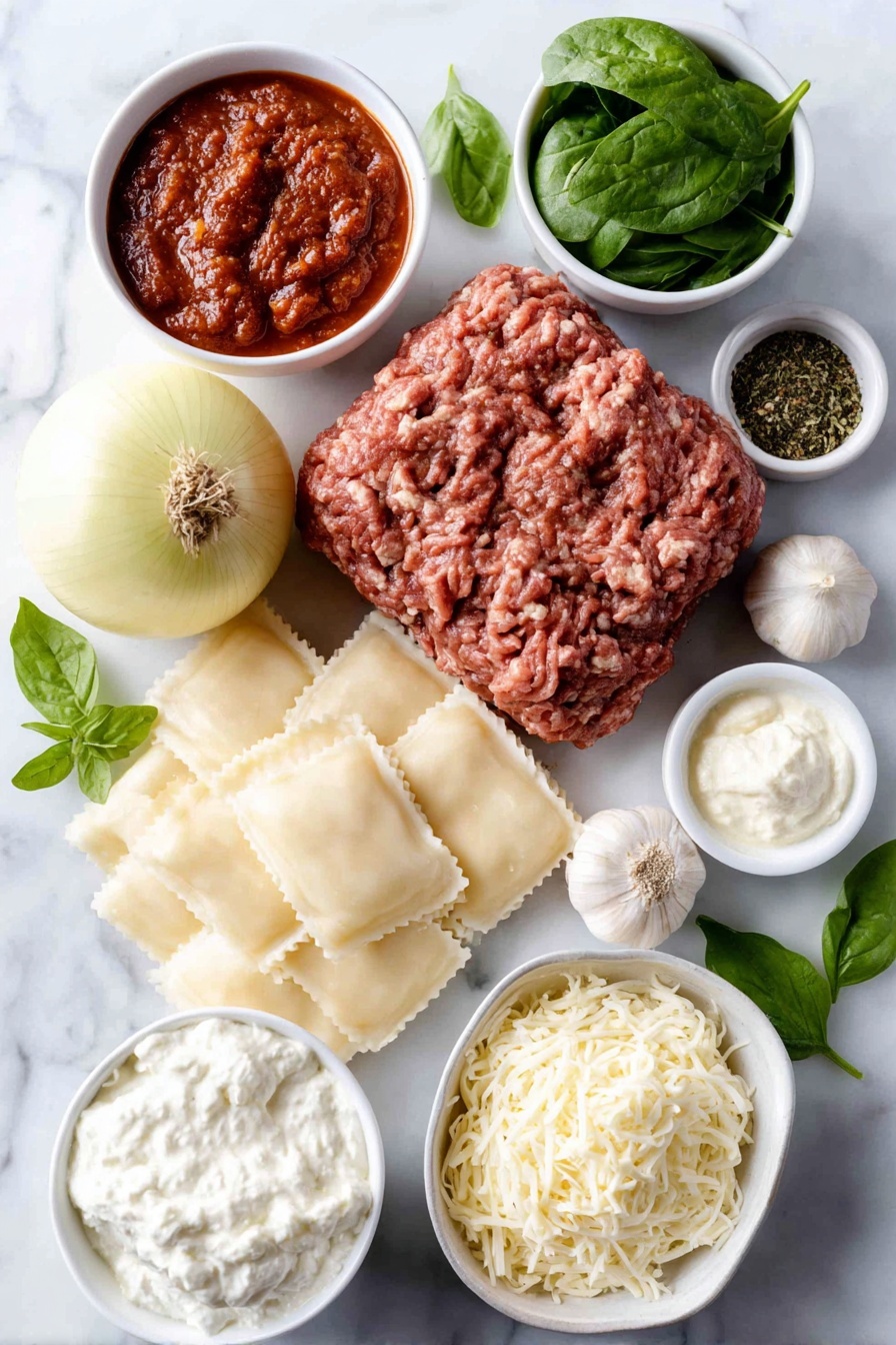 Flat lay of a small mound of fresh lean ground beef, a small mound of fresh Italian sausage, a whole yellow onion with natural texture, three whole garlic cloves unpeeled, a small white bowl of rich red tomato paste, a small white bowl of chunky homemade marinara sauce, a few fresh green parsley sprigs, dried oregano and dried basil herbs loosely scattered, a small white bowl of low sodium chicken broth, several broken pieces of fresh wide lasagna noodles, a handful of fresh bright green spinach leaves, a small white bowl of creamy ricotta cheese, a small white bowl of shredded mozzarella cheese, a small white bowl of finely grated parmesan cheese, and a few fresh basil leaves arranged symmetrically, all placed on a clean white marble surface, soft natural light, photo taken with an iPhone, professional food photography style, fresh ingredients, white ceramic bowls, no bottles, no duplicates, no utensils, no packaging --ar 2:3 --v 7 --p m7354615311229779997 - Lasagna Soup with Cheese, cheesy lasagna soup recipe, quick Italian soup, hearty tomato and cheese soup, easy comfort food recipes