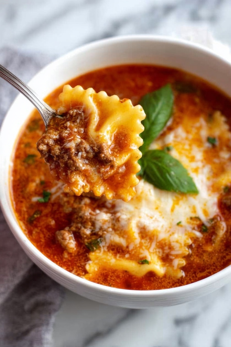 A white bowl filled with a thick, reddish-brown lasagna soup with visible ground meat and melted cheese on top. There are ruffled-edge pasta pieces partially submerged in the soup, one of which is being held above the bowl by a silver spoon showing layers of sauce, meat, and cheese. A fresh green basil leaf rests on the surface of the soup. The bowl sits on a white marbled surface. Photo taken with an iphone --ar 2:3 --v 7 - Lasagna Soup with Cheese, cheesy lasagna soup recipe, quick Italian soup, hearty tomato and cheese soup, easy comfort food recipes