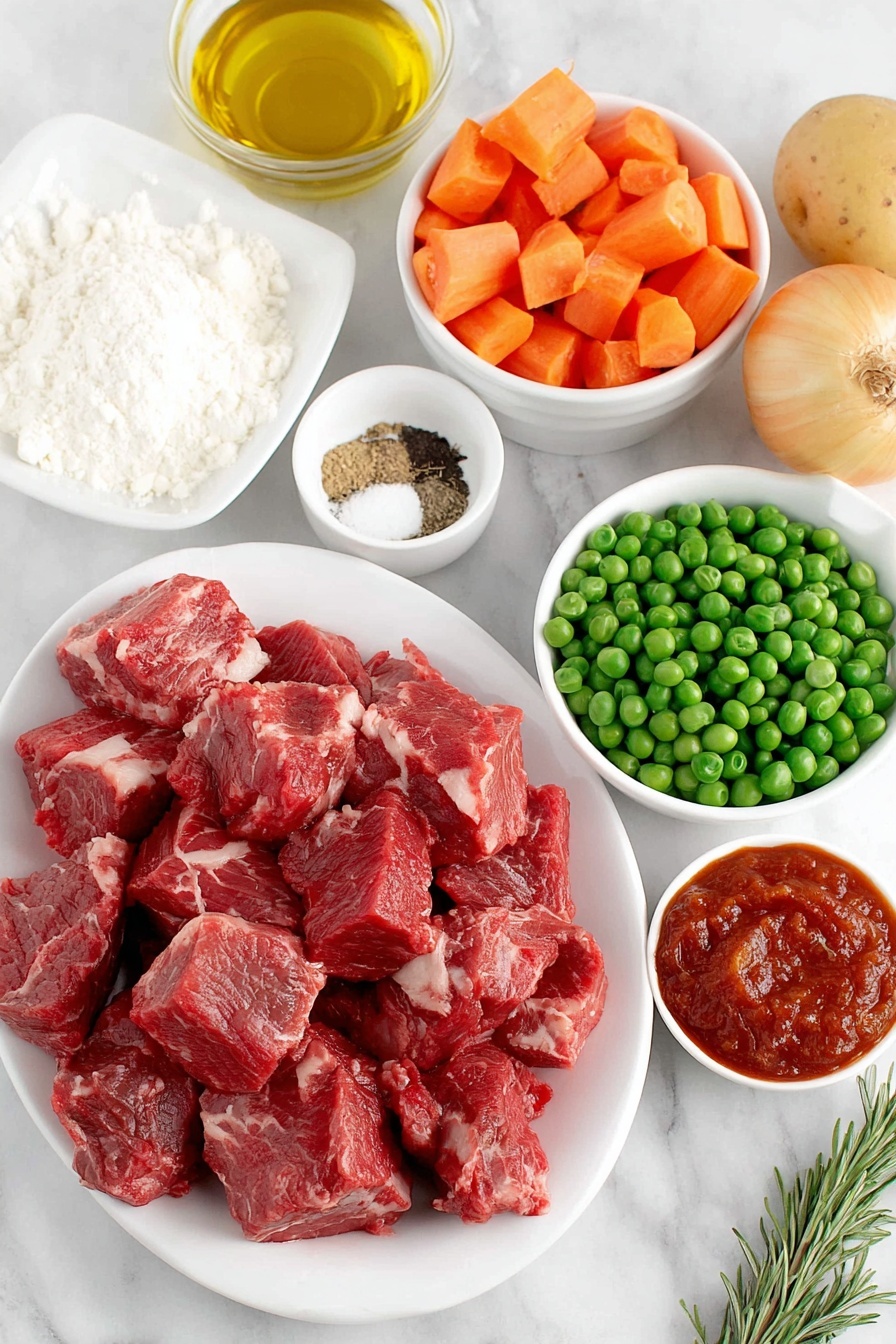 Flat lay of fresh cubed stewing beef, a small mound of all-purpose flour on a white ceramic plate, a small white bowl with garlic powder, a small white bowl with salt, a small white bowl with black pepper, a small white bowl of golden olive oil, a whole uncracked brown onion, peeled and cubed potatoes, bright orange carrot pieces, crisp celery ribs cut into chunks, a small white bowl with rich red tomato paste, a single fresh sprig of rosemary, a small white bowl of white cornstarch, a small white bowl of clear water, and fresh green peas arranged neatly on simple white ceramic dishes, all placed on a clean white marble surface, soft natural light, photo taken with an iPhone, professional food photography style, fresh ingredients, white ceramic bowls, no bottles, no duplicates, no utensils, no packaging --ar 2:3 --v 7 --p m7354615311229779997 - Hearty Beef Stew, beef stew recipe, comforting beef stew, easy beef stew, homemade beef stew