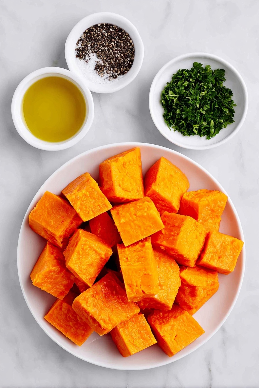 Flat lay of a small pile of bright orange butternut squash cubes, a few fresh green sprigs of chopped parsley, a small white ceramic bowl filled with golden extra-virgin olive oil, a small white ceramic bowl containing coarse sea salt, and a small white ceramic bowl with freshly ground black peppercorns, all arranged in perfect symmetry and balanced proportions, placed on a clean white marble surface, soft natural light, photo taken with an iPhone, professional food photography style, fresh ingredients, white ceramic bowls, no bottles, no duplicates, no utensils, no packaging --ar 2:3 --v 7 --p m7354615311229779997 - Roasted Butternut Squash, roasted butternut squash side dish, autumn vegetable recipes, healthy roasted squash, easy butternut squash recipe
