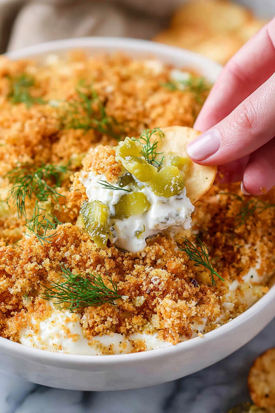 A close-up of a white bowl filled with a crumbly textured dish that has a golden brown color. The dish is topped with small bright green dill leaves and diced pale green pickles scattered throughout. A woman's hand is holding a chip dipped in a creamy, white layer beneath the crumbs, showing a smooth and soft texture with dill mixed in. The bowl is set on a white marbled surface. photo taken with an iphone --ar 2:3 --v 7 - Creamy Dill Pickle Dip, dill pickle dip, tangy pickle dip, easy dill dip, savory pickle appetizer