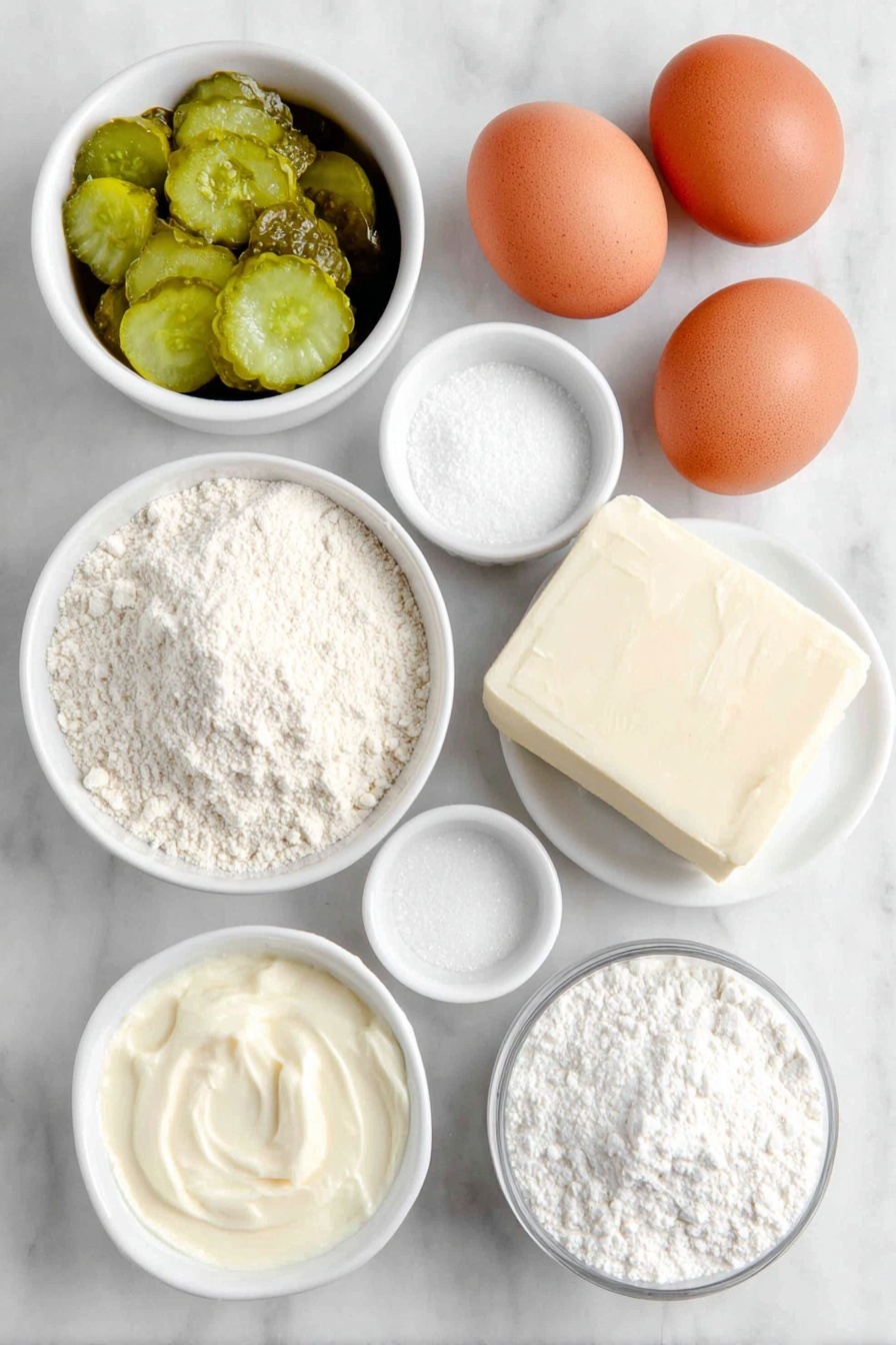 Flat lay of a small white ceramic bowl filled with chopped fresh green pickles, a small white ceramic bowl of pale green pickle juice, a simple mound of fine all-purpose flour on a pristine white ceramic plate, two whole brown eggs with smooth clean shells, a small white ceramic bowl of creamy sour cream, a neat round pat of softened butter, a small white ceramic bowl of granulated white sugar, a small white ceramic bowl of powdered sugar, a smooth block of softened cream cheese, a few fresh bright green pickle slices for garnish, all arranged in perfect symmetry on a clean white marble surface, soft natural light, photo taken with an iPhone, professional food photography style, fresh ingredients, white ceramic bowls, no bottles, no duplicates, no utensils, no packaging --ar 2:3 --v 7 --p m7354615311229779997 - Pickle Cake Cupcakes with Cream Cheese Frosting, uniquely flavored cupcakes, tangy sweet dessert, savory pickle cupcakes, innovative cupcake recipes