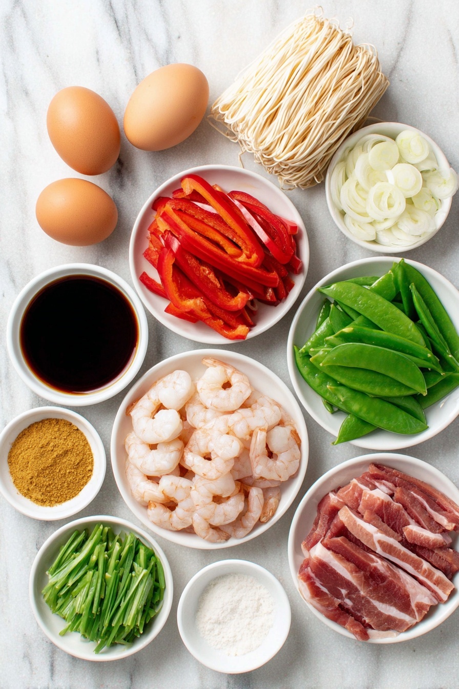 Flat lay of fresh shelled and deveined shrimp, two whole brown eggs with clean shells, a small bundle of dried rice stick noodles, thin strips of Chinese roast pork, a small pile of thinly sliced red bell pepper julienne, snow peas sliced thinly on the bias, a small heap of julienned carrot, a quarter of a medium onion very thinly sliced, two medium cloves of garlic minced, two scallions sliced very thinly on the bias, a small white ceramic bowl of golden curry powder, a small white ceramic bowl of Asian fish sauce, a small white ceramic bowl of soy sauce, a small white ceramic bowl of Shaoxing wine, a small white ceramic bowl of toasted sesame oil, a small white ceramic bowl of canola oil, and a small white ceramic bowl with a pinch of white pepper and a pinch of sugar placed neatly on a clean white marble surface, soft natural light, photo taken with an iPhone, professional food photography style, fresh ingredients, white ceramic bowls, no bottles, no duplicates, no utensils, no packaging --ar 2:3 --v 7 --p m7354615311229779997 - Singapore Rice Noodles with Shrimp and Curry, flavorful Asian noodle dish, easy shrimp stir-fry recipe, quick Thai-style rice noodles, vibrant seafood noodle dish