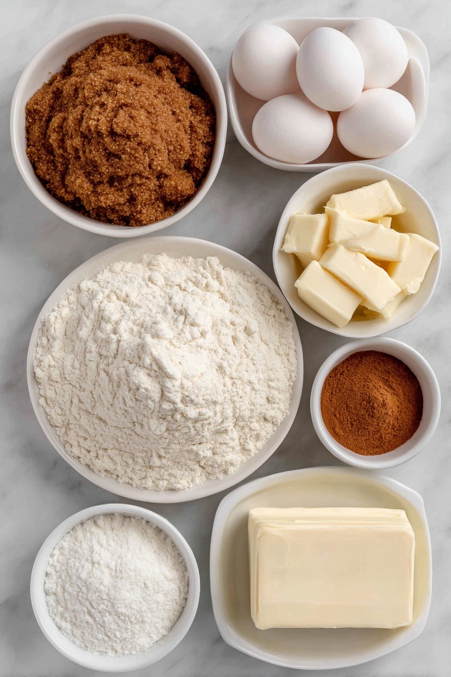 Flat lay of a small mound of all-purpose flour on a simple white ceramic plate, a small white bowl filled with warm brown packed brown sugar, another small white bowl containing fine granulated sugar, four whole large eggs with clean shells arranged neatly, a small white bowl holding softened pale yellow butter, a small white bowl of smooth bright orange pumpkin puree, a tiny white bowl with light brown pumpkin pie spice powder, a small white bowl with white powdered sugar, a small white bowl of ivory cream cheese block, and a small white bowl of pure vanilla extract liquid, all ingredients fresh and natural, perfectly symmetrical layout, placed on a clean white marble surface, soft natural light, photo taken with an iPhone, professional food photography style, fresh ingredients, white ceramic bowls, no bottles, no duplicates, no utensils, no packaging --ar 2:3 --v 7 --p m7354615311229779997 - Pumpkin Spice Cupcakes with Cream Cheese Frosting, fall cupcakes with pumpkin and spices, easy pumpkin spice cupcake recipe, festive pumpkin dessert ideas, moist pumpkin cupcake recipe