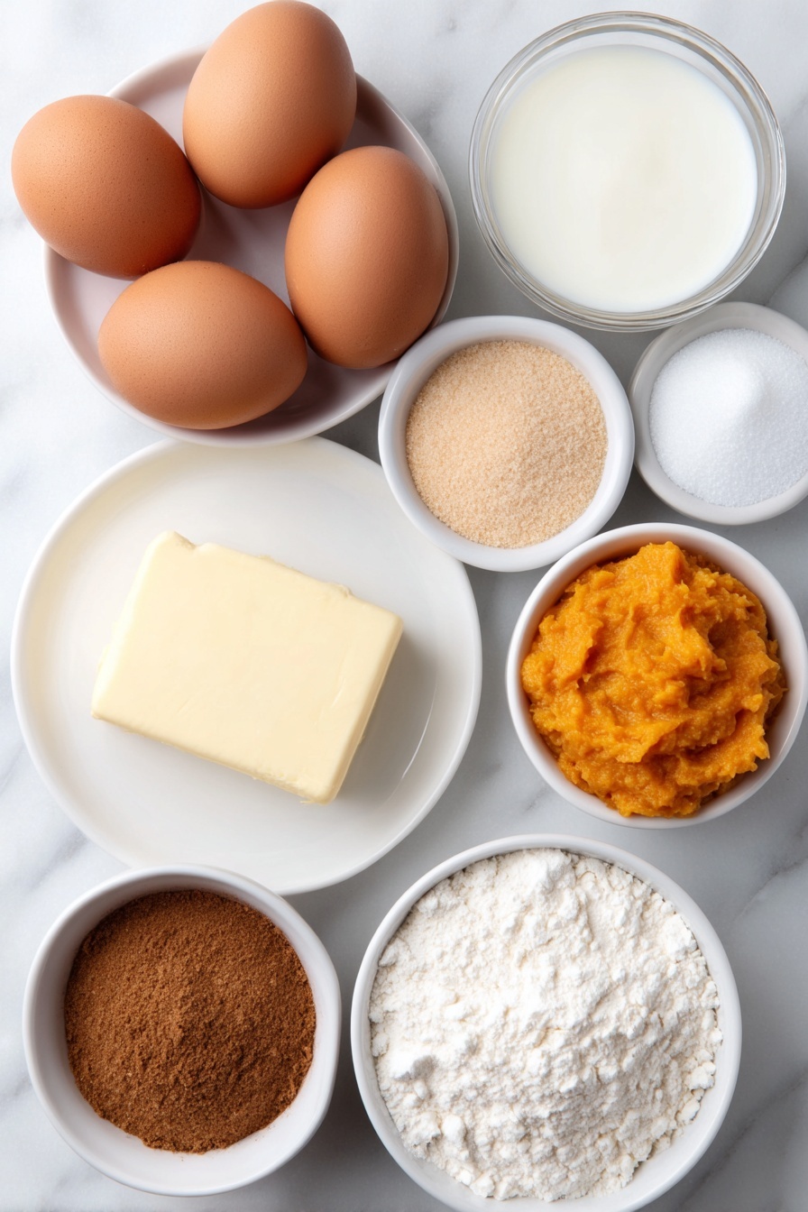 Flat lay of three whole uncracked brown eggs with smooth clean shells, a small pat of golden butter on a white ceramic plate, a small white bowl of bright orange pumpkin puree, a small white bowl of fine white sugar, a small white bowl of light brown soft brown sugar, a small white bowl of creamy white milk, a small white bowl of fine pale yellow corn starch powder, and tiny piles of ground cinnamon, ground ginger, ground nutmeg, and a pinch of allspice each gracefully arranged on a simple white ceramic dish, all ingredients fresh and natural, perfectly symmetrical layout, placed on a clean white marble surface, soft natural light, photo taken with an iPhone, professional food photography style, fresh ingredients, white ceramic bowls, no bottles, no duplicates, no utensils, no packaging --ar 2:3 --v 7 --p m7354615311229779997 - Pumpkin Souffle, pumpkin souffle recipe, fall dessert ideas, light pumpkin desserts, easy souffle recipes