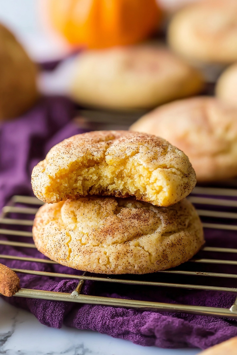 The image shows two soft, round cookies stacked on a silver cooling rack over a deep purple cloth, all set on a white marbled surface. The top cookie has a bite taken from it, revealing a light orange-yellow interior with a soft, cakey texture. Both cookies have a cracked surface speckled with dark cinnamon-like powder and a sandy sugary texture that makes them look warm and fresh. In the blurred background, there are more similar cookies and a small orange pumpkin visible. Photo taken with an iphone --ar 2:3 --v 7 - Pumpkin Snickerdoodles, pumpkin snickerdoodle cookies, fall cookie recipes, cinnamon pumpkin cookies, easy pumpkin cookies
