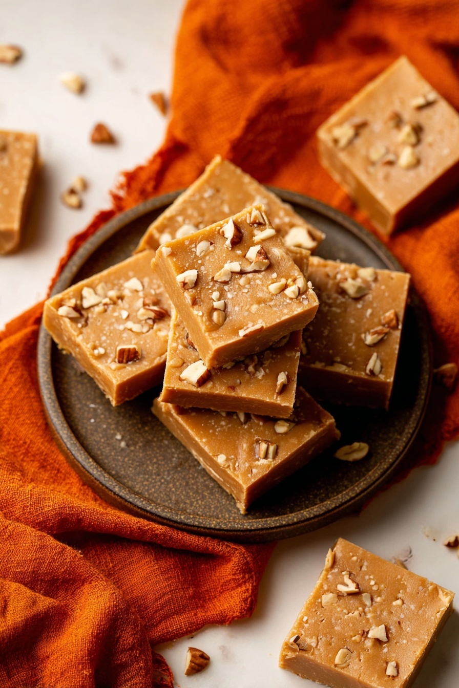 The image shows several square pieces of light brown fudge with a smooth texture, topped with small chopped nuts scattered evenly across the surface. These fudge squares are stacked in two layers on a round dark plate, which rests on a bright orange cloth. Around the plate, a few more fudge squares are placed individually on a white marbled surface, with some loose nut pieces scattered nearby. The fudge pieces each have a thin, firm look with visible nut bits giving a bit of rough texture on top. Photo taken with an iphone --ar 2:3 --v 7 - Pumpkin White Chocolate Fudge, pumpkin fudge recipe, white chocolate pumpkin candy, autumn dessert ideas, easy pumpkin fudge
