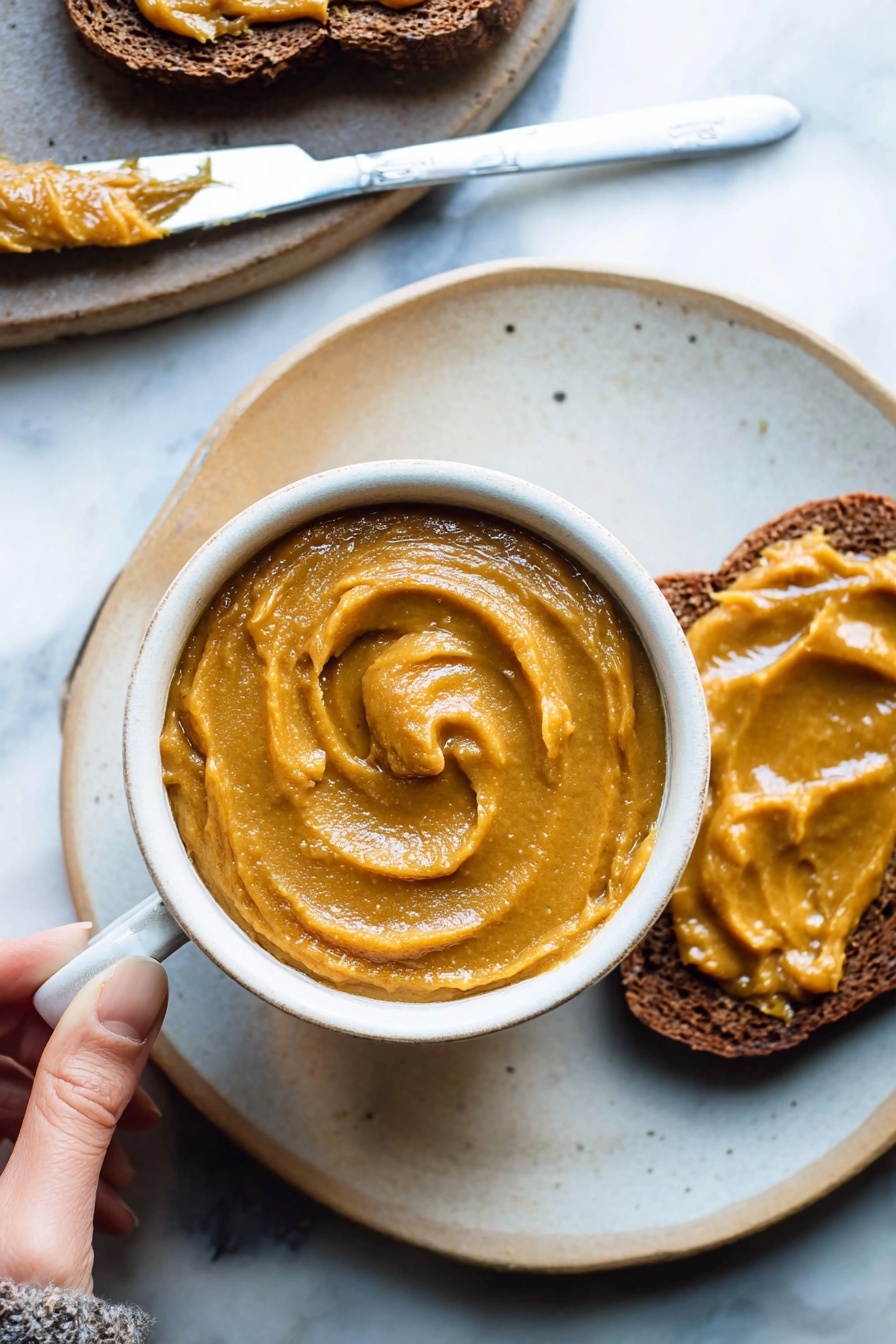 A close-up image shows a white cup filled with smooth, thick, golden-brown spread with a shiny surface. Inside the cup, the spread is swirled, creating a circular pattern in the middle. A knife with a worn, wooden handle is placed on the edge of the cup, its blade coated with the same spread. Next to the cup, there is a piece of toasted bread topped with more of the spread, showing some textured ridges. The dish is set on a white marbled surface with a soft gray cloth nearby. photo taken with an iphone --ar 2:3 --v 7 - Spiced Pumpkin Butter, Pumpkin Butter Spread, Fall Pumpkin Spread, Homemade Pumpkin Spreads, Cozy Pumpkin Breakfast