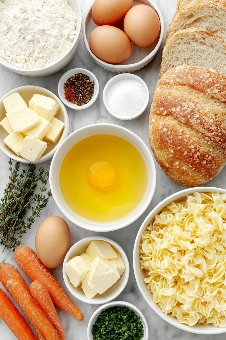 Flat lay of a small white ceramic bowl of extra virgin olive oil, half a yellow onion cut in half, a small white bowl with kosher salt, a small white bowl with black peppercorns, a few tablespoons of salted butter on a white ceramic dish, two cloves of garlic, three fresh orange carrots, a small bundle of fresh thyme sprigs, a small white bowl with ground cayenne pepper, a small white bowl of all purpose flour, a medium white ceramic bowl filled with low sodium chicken broth, a small white ceramic bowl of whole milk, a small white bowl with roughly chopped fresh parsley, two whole uncracked brown eggs, a white dish with three cups of cubed whole grain bread, two cups of uncooked egg noodles, a white plate with cooked shredded chicken pieces, and a small white bowl holding crushed potato chips, all arranged with perfect symmetry and balanced proportions, placed on a clean white marble surface, soft natural light, photo taken with an iPhone, professional food photography style, fresh ingredients, white ceramic bowls, no bottles, no duplicates, no utensils, no packaging --ar 2:3 --v 7 --p m7354615311229779997 - Homemade Chicken Noodle Casserole, comforting chicken noodle casserole, easy chicken casserole recipe, creamy chicken bake, family favorite casserole