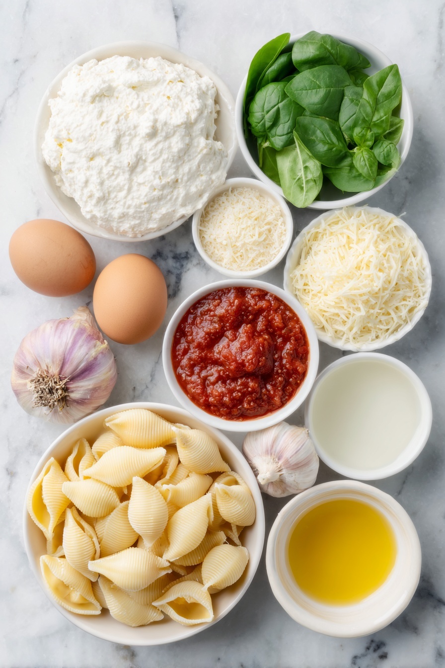 Flat lay of fresh baby spinach leaves, a small white bowl of creamy ricotta cheese, a whole brown egg, a small white bowl of finely shredded parmesan cheese, a small white bowl of shredded mozzarella cheese, two whole eschallots with purple skins, four fresh garlic cloves, a fresh green bay leaf, a small white bowl of bright red tomato paste, a small white bowl of smooth tomato passata, a small white bowl of golden olive oil, a small white bowl of dry white wine, a small white bowl of clear vegetable broth, a few sprigs of fresh basil, a cluster of uncooked jumbo conchiglioni pasta shells arranged symmetrically, all placed on a clean white marble surface, soft natural light, photo taken with an iPhone, professional food photography style, fresh ingredients, white ceramic bowls, no bottles, no duplicates, no utensils, no packaging --ar 2:3 --v 7 --p m7354615311229779997 - Spinach Ricotta Stuffed Shells, stuffed pasta shells with spinach and ricotta, baked spinach ricotta shells, easy stuffed shells with tomato sauce, comfort food spinach pasta