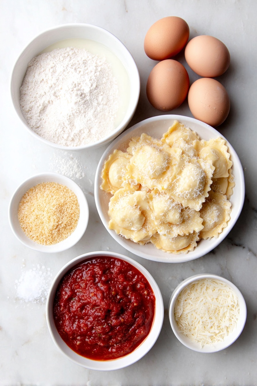 Flat lay of fresh beef ravioli arranged neatly, two whole brown eggs with clean shells, a small white bowl of pale milk, a small white bowl filled with golden Italian seasoned breadcrumbs, a small white bowl with finely grated Parmesan cheese, a small white bowl of vibrant red marinara sauce, and coarse sea salt crystals scattered delicately on the white marble surface, perfect symmetry, soft natural light, photo taken with an iPhone, professional food photography style, fresh ingredients, white ceramic bowls, no bottles, no duplicates, no utensils, no packaging --ar 2:3 --v 7 --p m7354615311229779997 - Crispy Toasted Ravioli with Marinara, crispy ravioli appetizer, toasted ravioli recipe, easy ravioli snack, baked ravioli with marinara