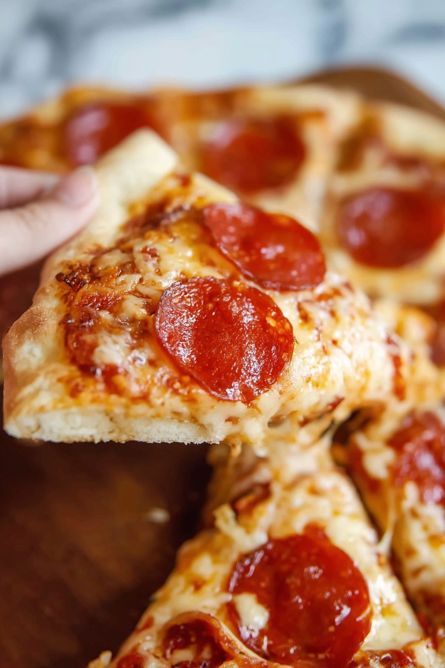 A thin slice of pepperoni pizza is being lifted by a woman's hand, showing three slices of reddish pepperoni on top of melted, light golden cheese. The pizza crust is light brown and slightly fluffy, with a few crispy, darker spots around the edges. The background shows the rest of the pizza, slightly blurred, with more pepperoni slices and melted cheese on top, all on a wooden surface replaced by a white marbled texture. photo taken with an iphone --ar 2:3 --v 7 - Homemade Pepperoni Pizza, easy pepperoni pizza recipe, homemade pizza dough with pepperoni, quick pepperoni pizza at home, cheesy pepperoni pizza