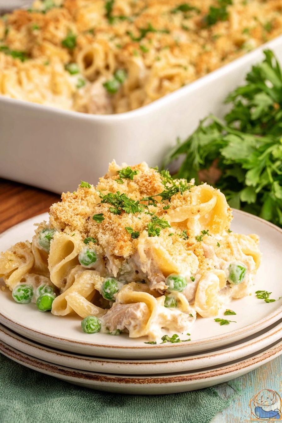 A white rectangular baking dish filled with a baked noodle casserole that has three visible layers: a creamy, light beige sauce mixed with small pieces of pale chicken and green peas forming the bottom and middle layers, topped with a golden brown, crispy breadcrumb crust that is evenly spread and lightly browned. The casserole rests on a white marbled surface with scattered dishes around, including a white bowl with some yellow sauce remnants, a small round bowl with green peas, and a white bowl containing a wooden spoon. Photo taken with an iphone --ar 2:3 --v 7 - Easy Tuna Noodle Casserole, Tuna Noodle Casserole, Comfort Food Recipes, Easy Dinner Ideas, Creamy Tuna Casserole