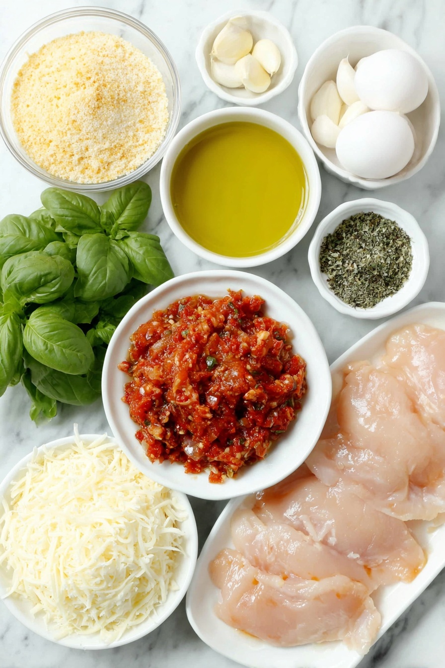 Flat lay of a small white ceramic bowl of extra-virgin olive oil, a finely chopped small yellow onion on a white ceramic plate, six peeled garlic cloves scattered naturally, a small white ceramic bowl filled with crushed ripe red tomatoes, two fresh large sprigs of green basil leaves, a small white ceramic bowl of coarse kosher salt, a small white ceramic bowl of freshly ground black pepper, a white ceramic bowl containing golden panko bread crumbs, a small white ceramic bowl of garlic powder, a white ceramic plate with finely grated pale yellow Parmesan cheese, a small white ceramic bowl of all-purpose flour, two whole uncracked brown eggs, six raw boneless, skinless chicken cutlets with a natural pinkish hue arranged neatly on a white ceramic platter, a small white ceramic bowl of shredded white mozzarella cheese, and a small white ceramic bowl of clear vegetable oil, all placed on a clean white marble surface, soft natural light, photo taken with an iPhone, professional food photography style, fresh ingredients, white ceramic bowls, no bottles, no duplicates, no utensils, no packaging --ar 2:3 --v 7 --p m7354615311229779997 - Chicken Parmesan with Marinara Sauce, homemade chicken Parmesan, easy Chicken Parmesan recipe, cheesy Chicken Parmesan dinner, crispy chicken Parmesan