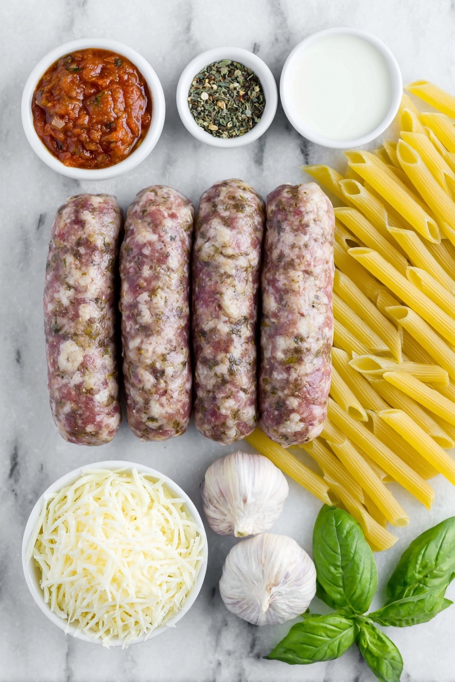 Flat lay of fresh uncooked ziti pasta arranged neatly, raw Italian sausage links with natural marbling, four whole uncracked brown garlic bulbs, a small white ceramic bowl filled with rich crushed tomatoes, a small white bowl of heavy cream, a small white bowl with grated pecorino Romano cheese, a small white bowl holding shredded fresh mozzarella cheese, fresh green basil leaves loosely scattered, a small white bowl containing coarse salt, a small white bowl with granulated sugar, and a small white bowl of red pepper flakes, all placed on a clean white marble surface, soft natural light, photo taken with an iPhone, professional food photography style, fresh ingredients, white ceramic bowls, no bottles, no duplicates, no utensils, no packaging --ar 2:3 --v 7 --p m7354615311229779997 - Cheesy Baked Ziti with Sausage, baked ziti with sausage, cheesy pasta casserole, hearty pasta dishes, baked Italian pasta