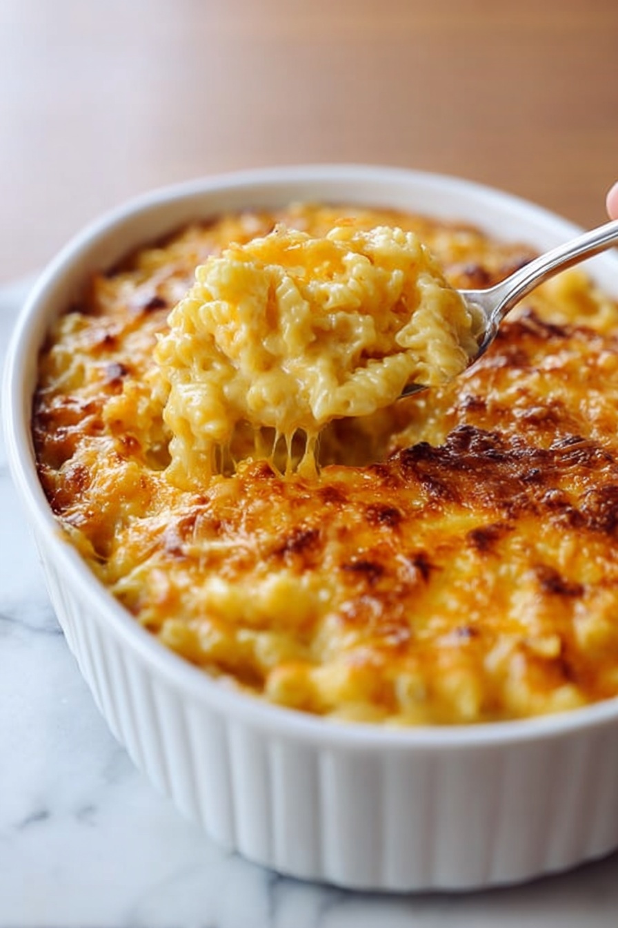 The image shows a white oval baking dish filled with a browned macaroni and cheese casserole. The top layer is golden and slightly crispy with melted cheese covering textured, soft pasta underneath. A woman's hand is holding a serving spoon scooping out a portion, revealing a creamy, cheesy inside with ribbed pasta noodles tightly packed. The dish sits on a white marbled surface with warm natural light highlighting the creamy and crispy details. Photo taken with an iphone --ar 2:3 --v 7 - Creamy Baked Mac and Cheese, baked mac and cheese, cheesy baked pasta, homemade baked mac and cheese, comforting pasta dishes