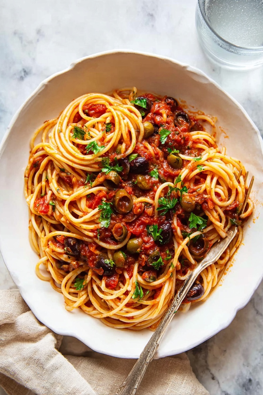 A white scalloped dish filled with a nest of long, thin spaghetti pasta in rich, chunky red tomato sauce mixed with dark, shiny olives and small green capers, topped with scattered fresh green parsley leaves. A silver fork rests inside the pasta, partly twirling some strands in the center. The dish sits on a white marbled surface next to a light beige cloth and a clear glass filled with water. photo taken with an iphone --ar 2:3 --v 7 - Easy Pasta Puttanesca, pasta puttanesca recipe, Italian pasta dishes, quick pasta dinner, savory pasta sauce