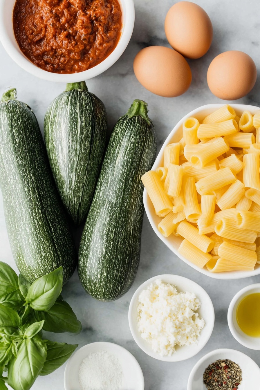 Flat lay of two medium eggplants striped with peeled sections revealing creamy flesh, a small mound of rigatoni pasta, a handful of fresh bright green basil leaves loosely arranged, two whole uncracked brown eggs, a small white ceramic bowl with smooth marinara sauce, a small white ceramic bowl filled with golden extra-virgin olive oil, a small white ceramic bowl containing finely grated pale ricotta salata and Parmesan cheese, a small white ceramic bowl with vibrant red pepper flakes, and a small white ceramic bowl of dried oregano flakes, all ingredients fresh and natural, perfectly balanced in a symmetrical layout, placed on a clean white marble surface, soft natural light, photo taken with an iPhone, professional food photography style, fresh ingredients, white ceramic bowls, no bottles, no duplicates, no utensils, no packaging --ar 2:3 --v 7 --p m7354615311229779997 - Roasted Eggplant Pasta with Marinara, Eggplant pasta recipes, Vegetarian pasta dishes, Easy eggplant dinner ideas, Healthy roasted vegetable pasta