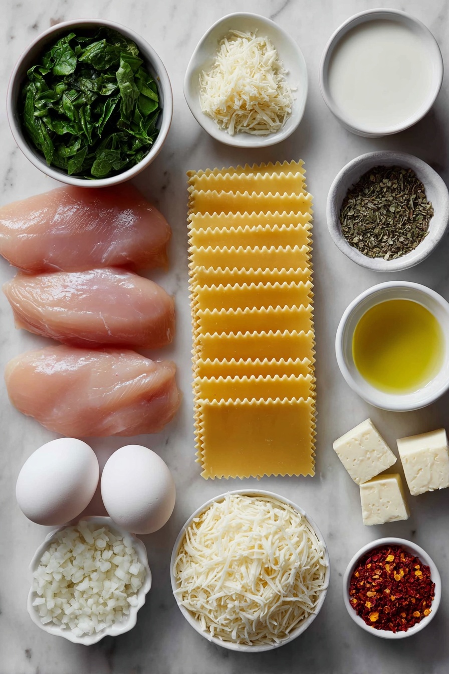 Flat lay of fresh raw chicken tenders, a neat pile of uncooked flat rectangular lasagna sheets, a small white bowl of bright green chopped spinach, a small white bowl filled with freshly grated pale yellow Parmesan cheese, a small white bowl containing shredded white mozzarella cheese, a few whole uncracked brown eggs, a small white bowl of golden olive oil, a small white bowl with peeled minced garlic, a small white bowl of finely chopped white onion, a small white bowl of creamy whole milk, a small white bowl of thick heavy cream, a few sprigs of fresh green parsley, fresh cracked black peppercorns scattered artistically, coarse sea salt crystals sprinkled tastefully, red chili flakes in a small white bowl placed neatly, a small white bowl holding pale yellow unsalted butter cubes, delicate dried Italian herb leaves arranged carefully, all ingredients arranged with perfect symmetry on a clean white marble surface, soft natural light, photo taken with an iPhone, professional food photography style, fresh ingredients, white ceramic bowls, no bottles, no duplicates, no utensils, no packaging --ar 2:3 --v 7 --p m7354615311229779997 - Creamy Chicken Alfredo Lasagna, creamy chicken lasagna, chicken alfredo pasta bake, cheesy chicken lasagna, easy chicken lasagna