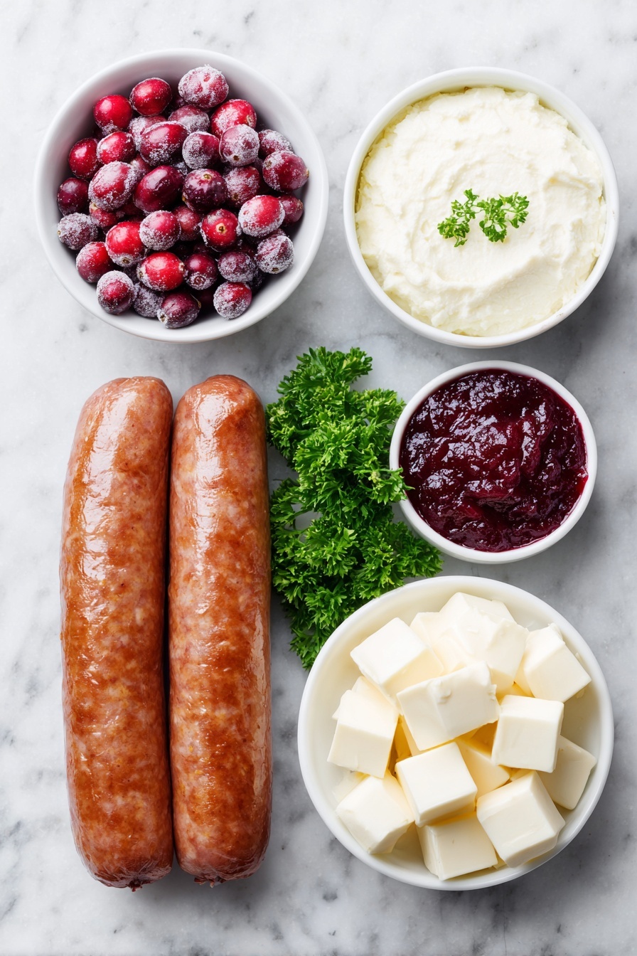 Flat lay of a sliced smoked sausage link with a glossy, browned exterior, a block of creamy white cheddar cheese cut into small cubes neatly arranged, a small white ceramic bowl filled with whole fresh cranberries, another small white bowl containing a smooth red cranberry sauce, and a few sprigs of vibrant green parsley placed delicately, all arranged with perfect symmetry on a clean white marble surface, soft natural light, photo taken with an iPhone, professional food photography style, fresh ingredients, white ceramic bowls, no bottles, no duplicates, no utensils, no packaging --ar 2:3 --v 7 --p m7354615311229779997 - Smoked Sausage Cranberry Bites, smoked sausage appetizer, cranberry sausage snacks, holiday appetizer ideas, savory sausage bites