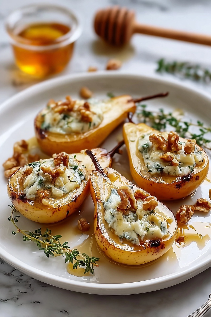 The image shows four pear halves placed on a white oval plate over a white marbled surface. Each pear half is golden-brown on the edges with a soft, grilled texture and is filled with a creamy, white cheese mixed with blue veins, topped with small pieces of chopped walnuts and green thyme leaves. Around the pears, there are scattered walnut pieces and thyme sprigs. In the background, slightly to the left, there is a glass bowl filled with honey and a wooden honey dipper resting inside. The lighting highlights the glossy honey drizzled over the pears and the overall rustic yet fresh presentation. Photo taken with an iphone --ar 2:3 --v 7 - Blue Cheese Stuffed Pears, pear appetizer with blue cheese, elegant pear appetizer, quick blue cheese pear snack, sophisticated fruit appetizer