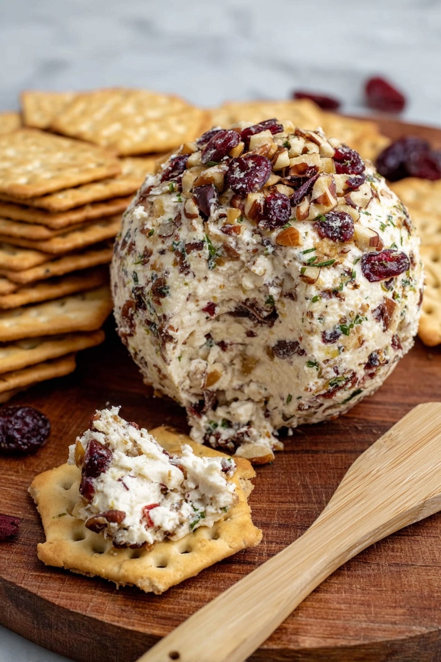 A round cheese ball covered with chopped nuts and dried cranberries sits on a wooden board. It has a creamy white inside mixed with bits of nuts and dried fruits visible both on the ball and on a cracker placed in front. The crackers are light brown with small holes and a slightly rough texture, stacked in sets nearby. A wooden spreader with a smooth texture lies next to the crackers. The whole scene is set on a white marbled surface. photo taken with an iphone --ar 2:3 --v 7 - Cranberry Pecan Cheese Ball, holiday cheese ball, easy appetizer ideas, festive cheese ball recipe, no-bake cheese ball