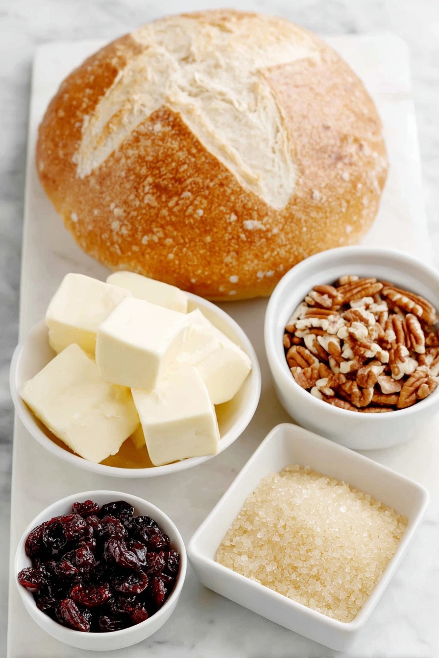 Flat lay of a whole round loaf of sourdough bread with a golden crust, a small white ceramic bowl of cubed creamy brie cheese, a small white bowl filled with glossy dried cranberries, a small white bowl containing coarsely chopped raw pecans, a few tablespoons of smooth butter shaped into neat pats, and a small white bowl holding golden brown sugar crystals, all arranged in perfect symmetry and balanced proportions, placed on a clean white marble surface, soft natural light, photo taken with an iPhone, professional food photography style, fresh ingredients, white ceramic bowls, no bottles, no duplicates, no utensils, no packaging --ar 2:3 --v 7 --p m7354615311229779997 - Cranberry Brie Pull Apart Bread, holiday bread, cheesy cranberry appetizer, easy pull apart bread, festive Brie bread