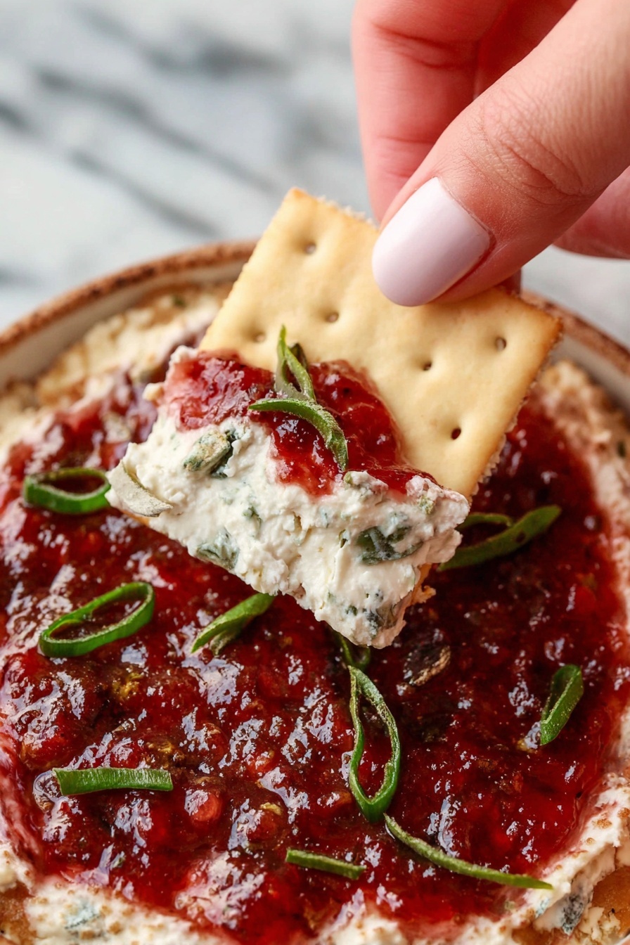 A close-up of a woman's hand holding a square beige cracker dipped with two visible layers of dip; the bottom layer is creamy white with small green herb pieces and a thick red chunky sauce on top garnished with scattered thin green slices, all inside a round white bowl with a rustic texture on a white marbled surface. photo taken with an iphone --ar 2:3 --v 7 - Cranberry Jalapeno Dip, Cranberry Jalapeno Dip Recipe, Spicy Cranberry Dip, Holiday Cranberry Dip, Easy Cranberry Jalapeno Dip