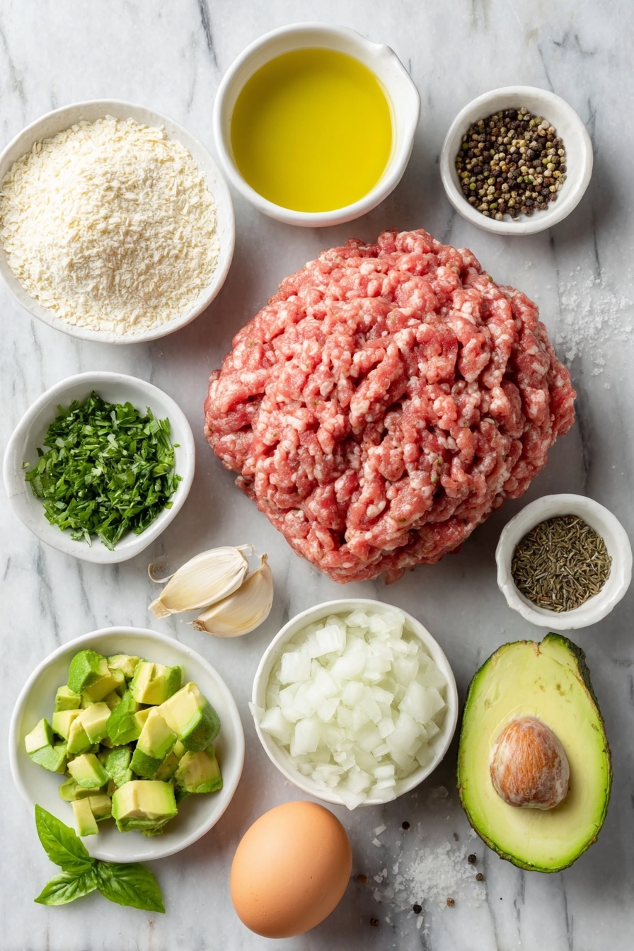Flat lay of a small pile of fresh ground lamb, a small white ceramic bowl of fine breadcrumbs, one whole uncracked brown egg with a clean shell, a small white ceramic bowl of olive oil, a small white ceramic bowl of plain Greek yogurt, one small onion finely chopped, one small red chili pepper whole, one small avocado cut into chunks with bright green flesh, a small white ceramic bowl of roughly chopped fresh basil leaves, a small white ceramic bowl of roughly chopped fresh parsley, one garlic clove whole and unpeeled, a small white ceramic bowl of lemon juice, a few loose cumin seeds and coriander seeds scattered naturally, freshly ground black peppercorns, and a few pinches of coarse salt, all arranged in perfect symmetry on a clean white marble surface, soft natural light, photo taken with an iPhone, professional food photography style, fresh ingredients, white ceramic bowls, no bottles, no duplicates, no utensils, no packaging --ar 2:3 --v 7 --p m7354615311229779997 - Spicy Lamb Meatballs with Green Herb Dip, spicy lamb meatballs recipe, flavorful lamb meatballs, easy lamb meatball appetizer, herb dip for lamb balls