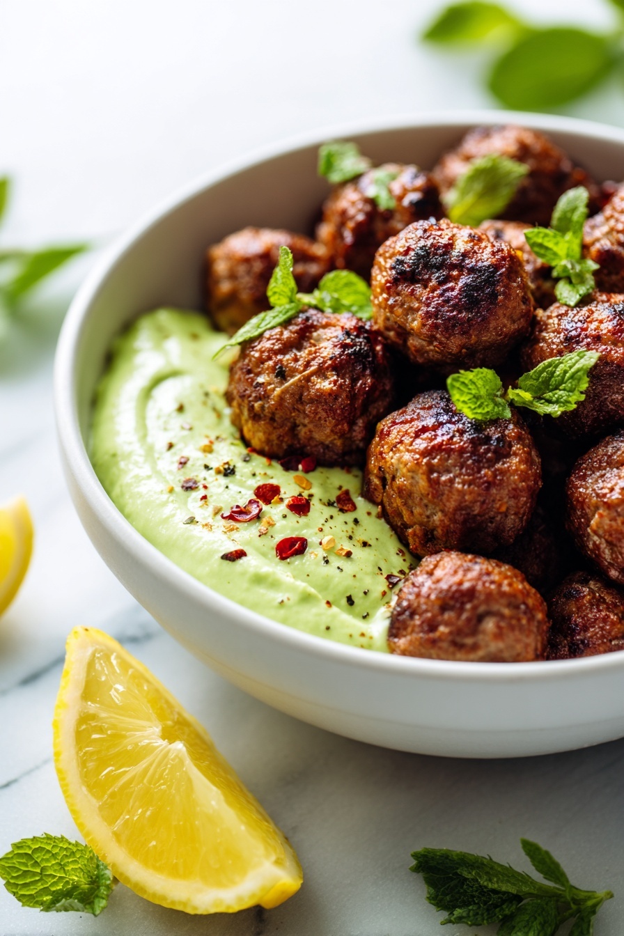 Spicy Lamb Meatballs with Green Herb Dip Recipe - Serving