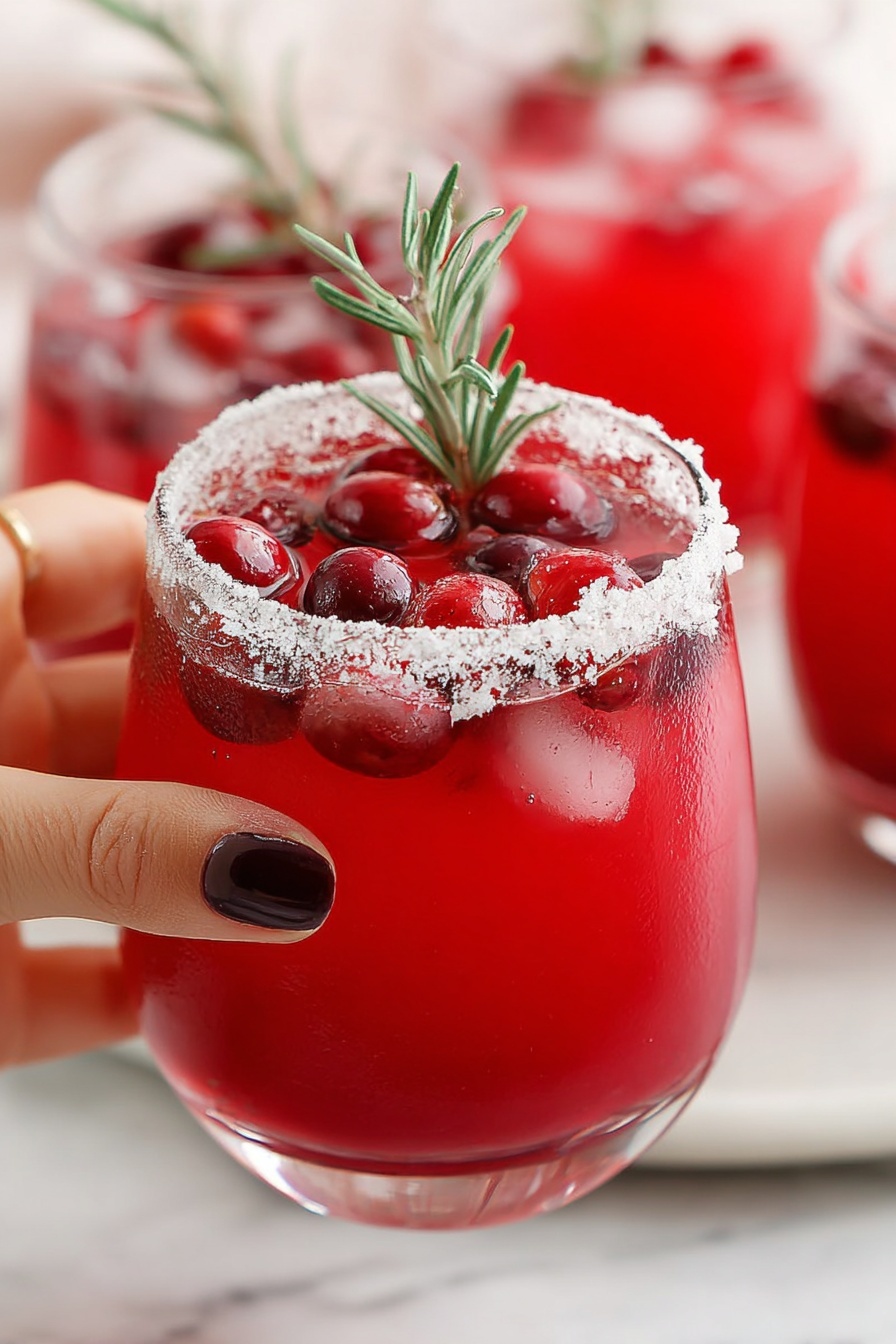 A close-up of a clear glass filled with bright red drink, showing about three layers: the bottom layer is a rich red liquid, the middle layer features floating whole red cranberries and crushed ice, and the top layer has a frosted sugar rim on the glass edge along with a small green sprig of rosemary dusted with sugar standing up in the drink. A woman’s hand with dark red nail polish is holding the glass from the left side. The background shows more glasses filled with the same drink, all placed on a white marbled surface. photo taken with an iphone --ar 2:3 --v 7 - Cranberry Mistletoe Margarita, holiday margarita, festive cocktail recipe, Christmas drink, easy holiday cocktails