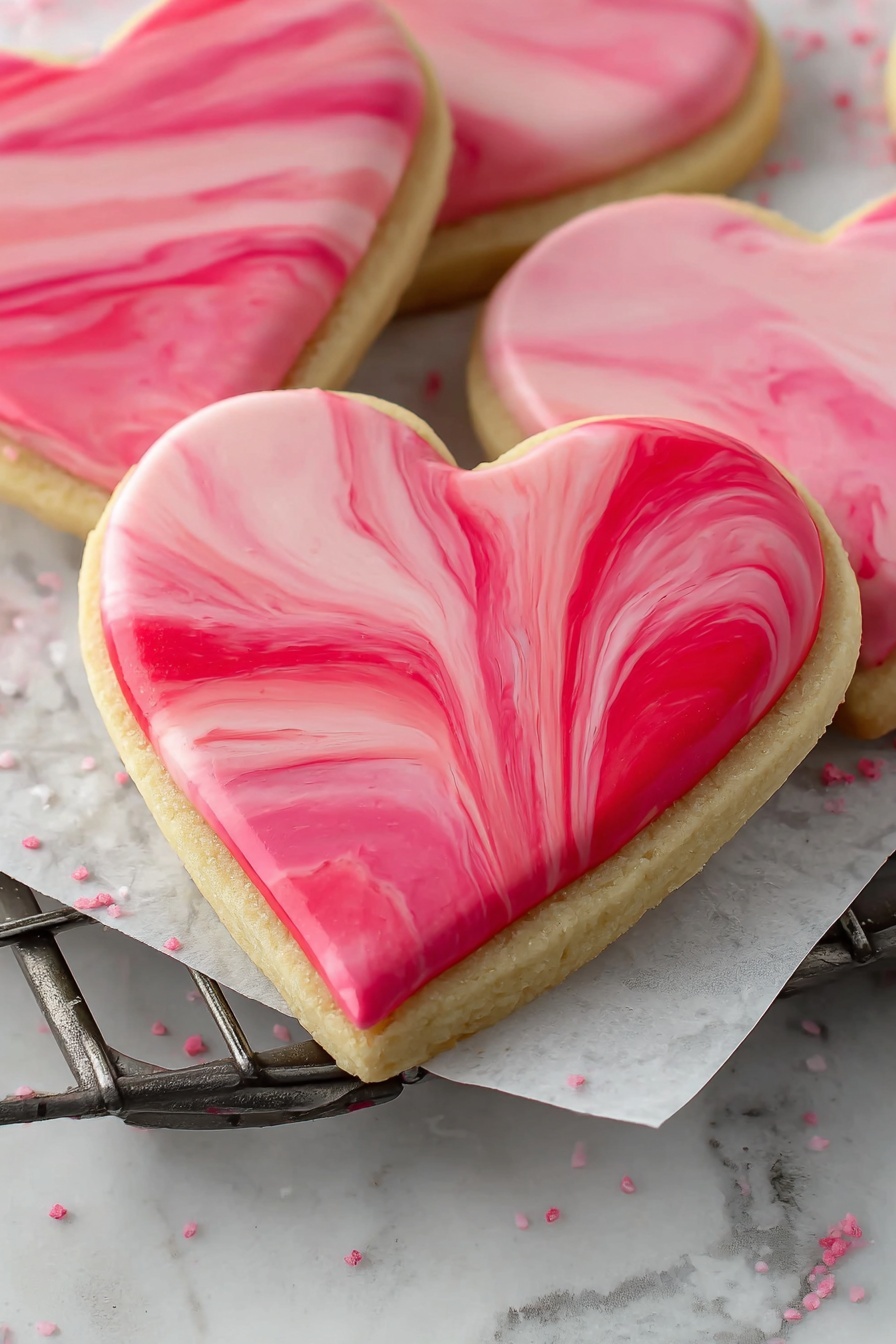 The image shows heart-shaped cookies with two layers: a bottom beige cookie layer that looks soft and thick, topped with a smooth, glossy icing layer that has red and pink swirled colors creating a marble effect. The cookies rest on white parchment paper on a dark metal rack, all set on a white marbled surface. The overall look is sweet and colorful, with the swirl pattern giving each cookie a unique design photo taken with an iphone --ar 2:3 --v 7 - Marbled Sugar Cookies with Royal Icing, colorful marbled sugar cookies, holiday sugar cookie ideas, homemade decorated cookies, easy royal icing cookies